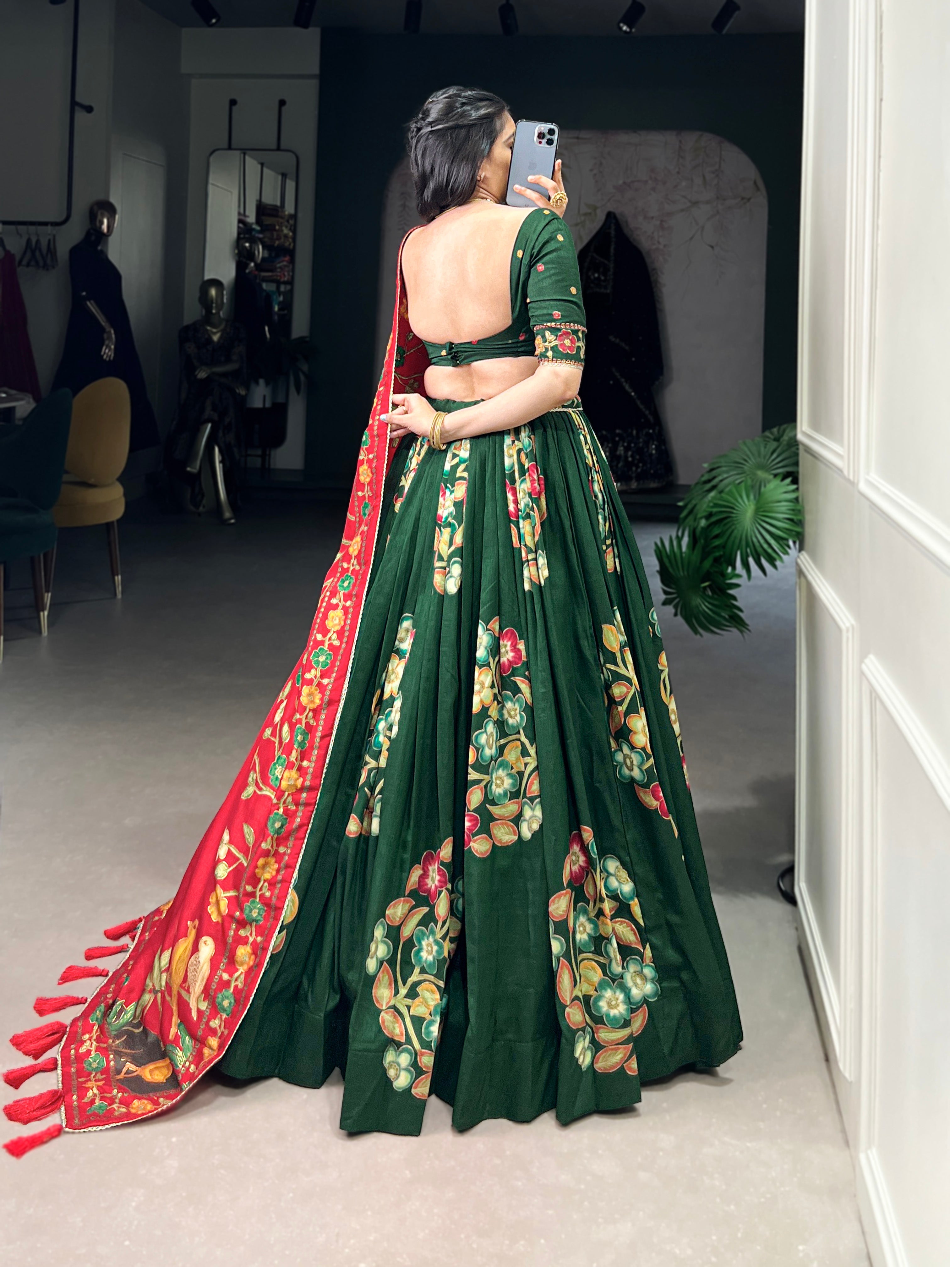 Green Elegant Tussar Silk Printed Lehenga Set with Foil Work & Gotta Patti Dupatta