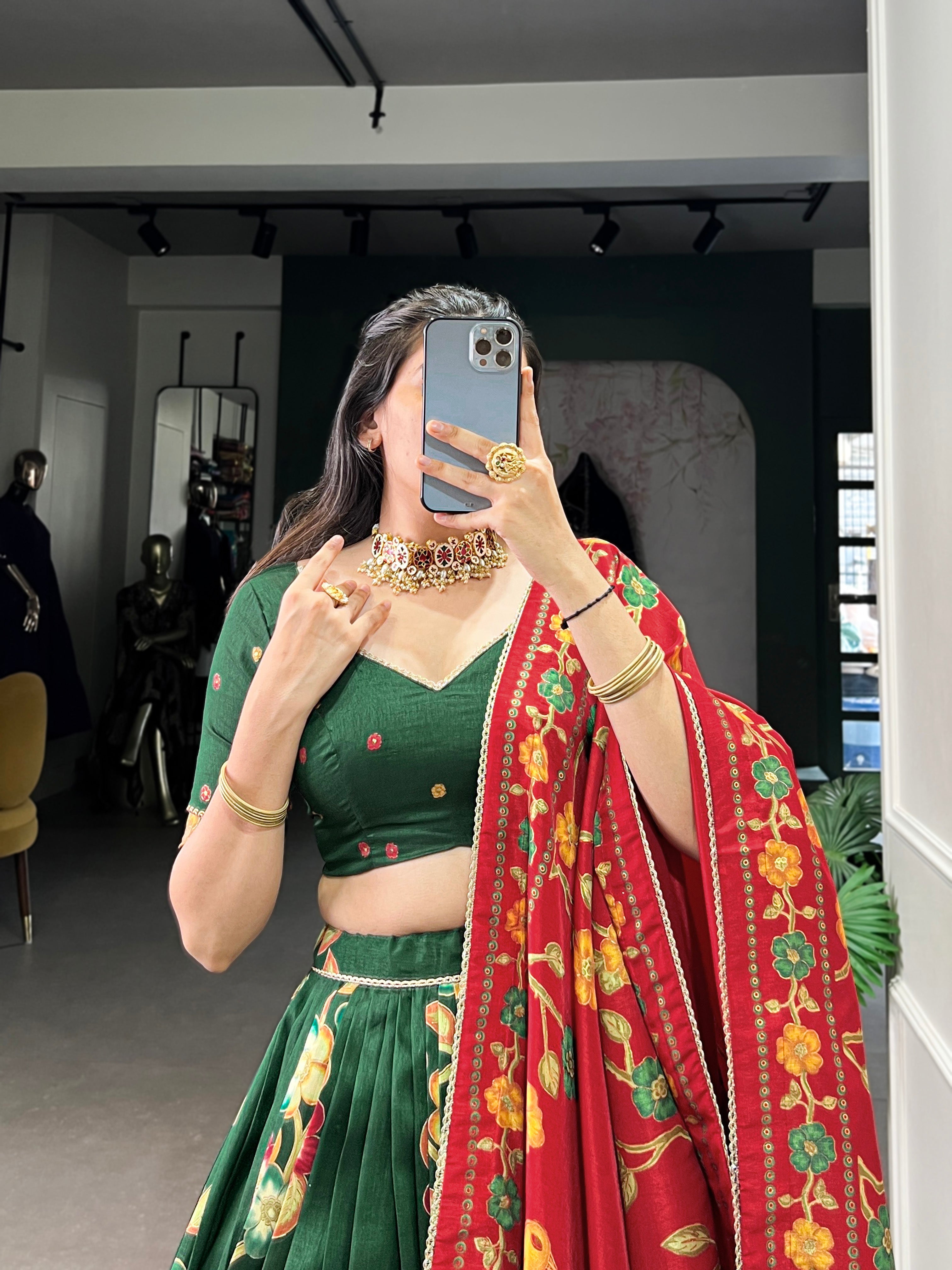 Green Elegant Tussar Silk Printed Lehenga Set with Foil Work & Gotta Patti Dupatta