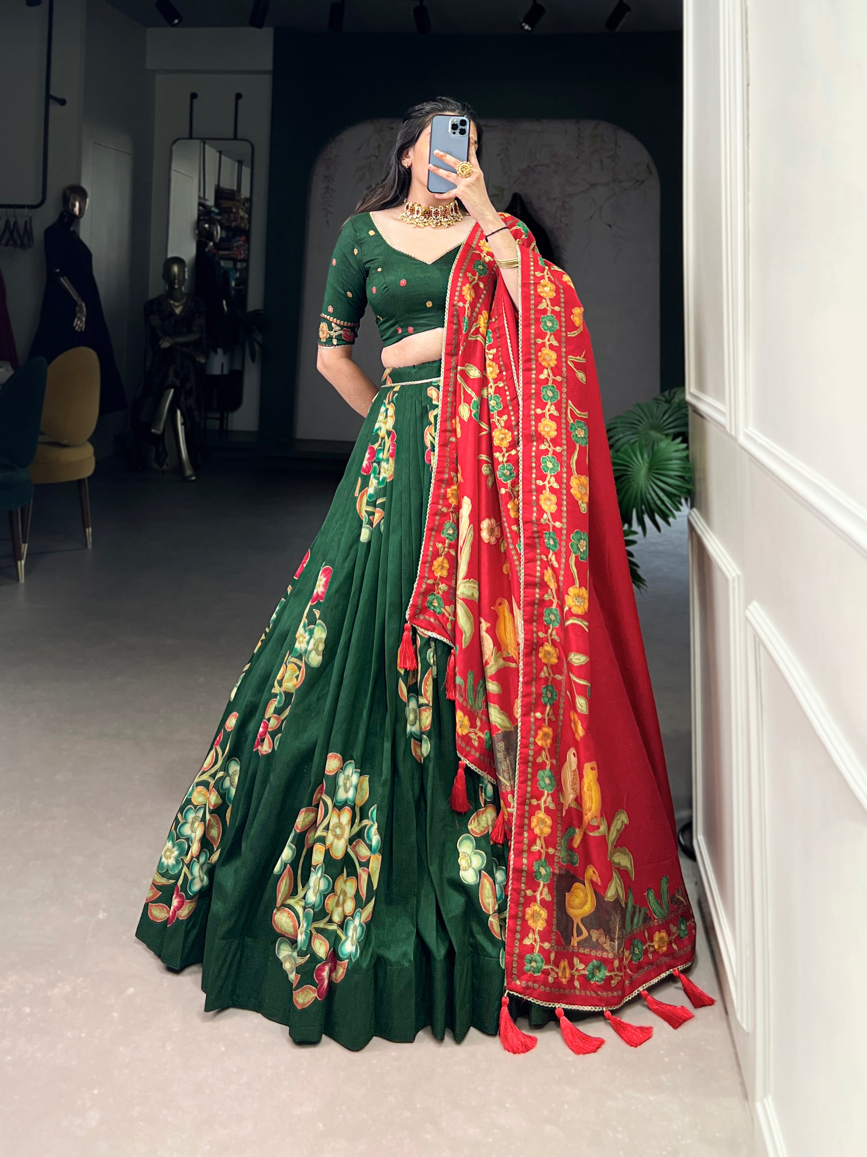 Green Elegant Tussar Silk Printed Lehenga Set with Foil Work & Gotta Patti Dupatta