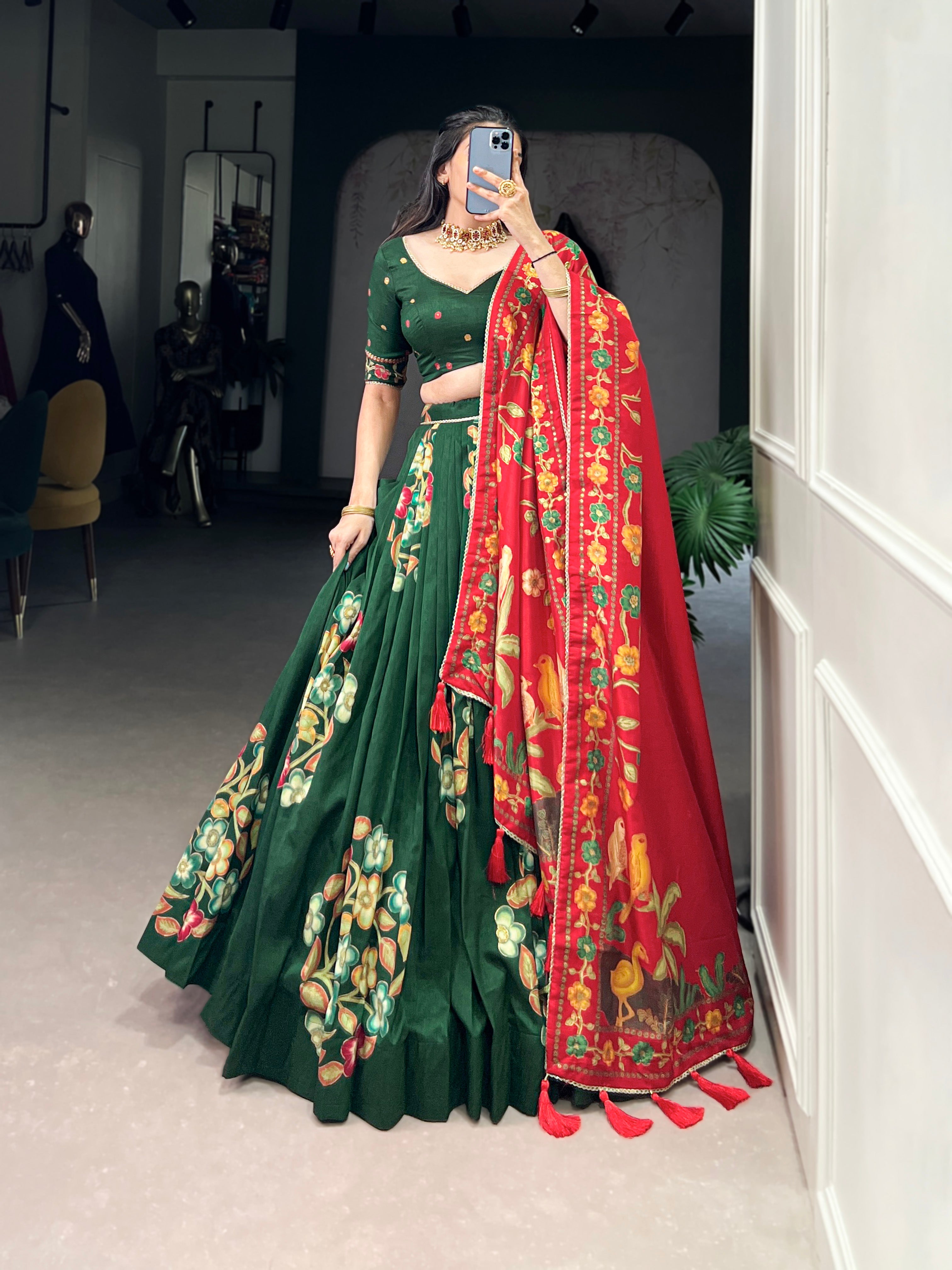 Green Elegant Tussar Silk Printed Lehenga Set with Foil Work & Gotta Patti Dupatta