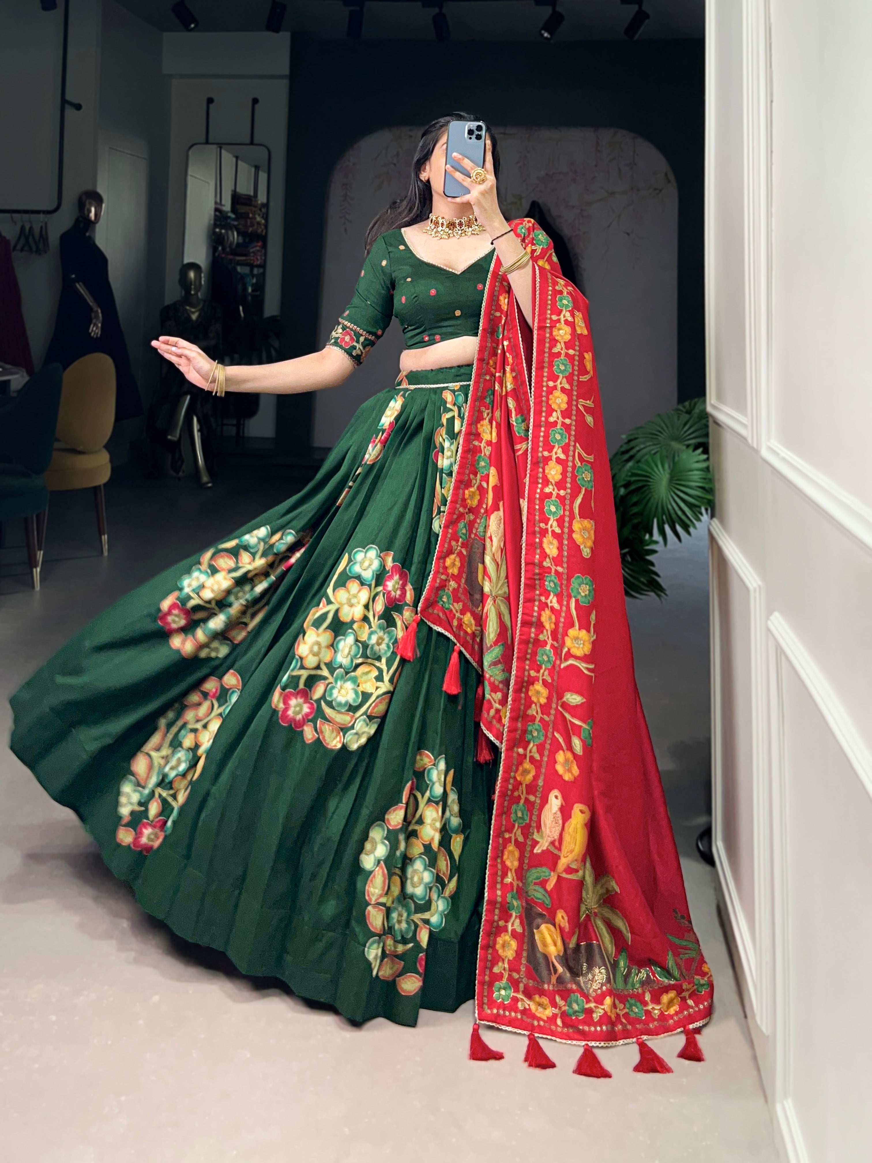 Green Elegant Tussar Silk Printed Lehenga Set with Foil Work & Gotta Patti Dupatta