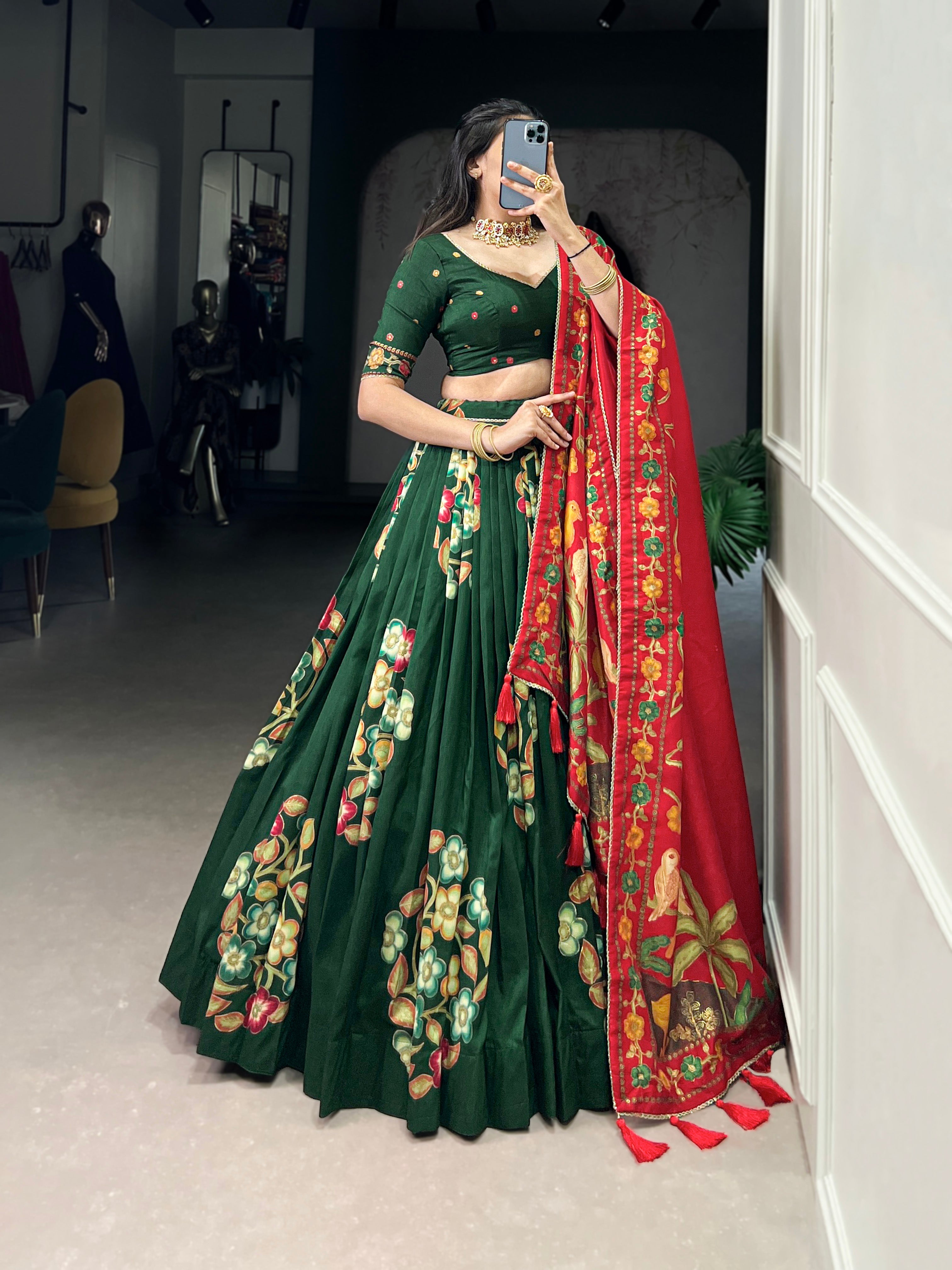 Green Elegant Tussar Silk Printed Lehenga Set with Foil Work & Gotta Patti Dupatta