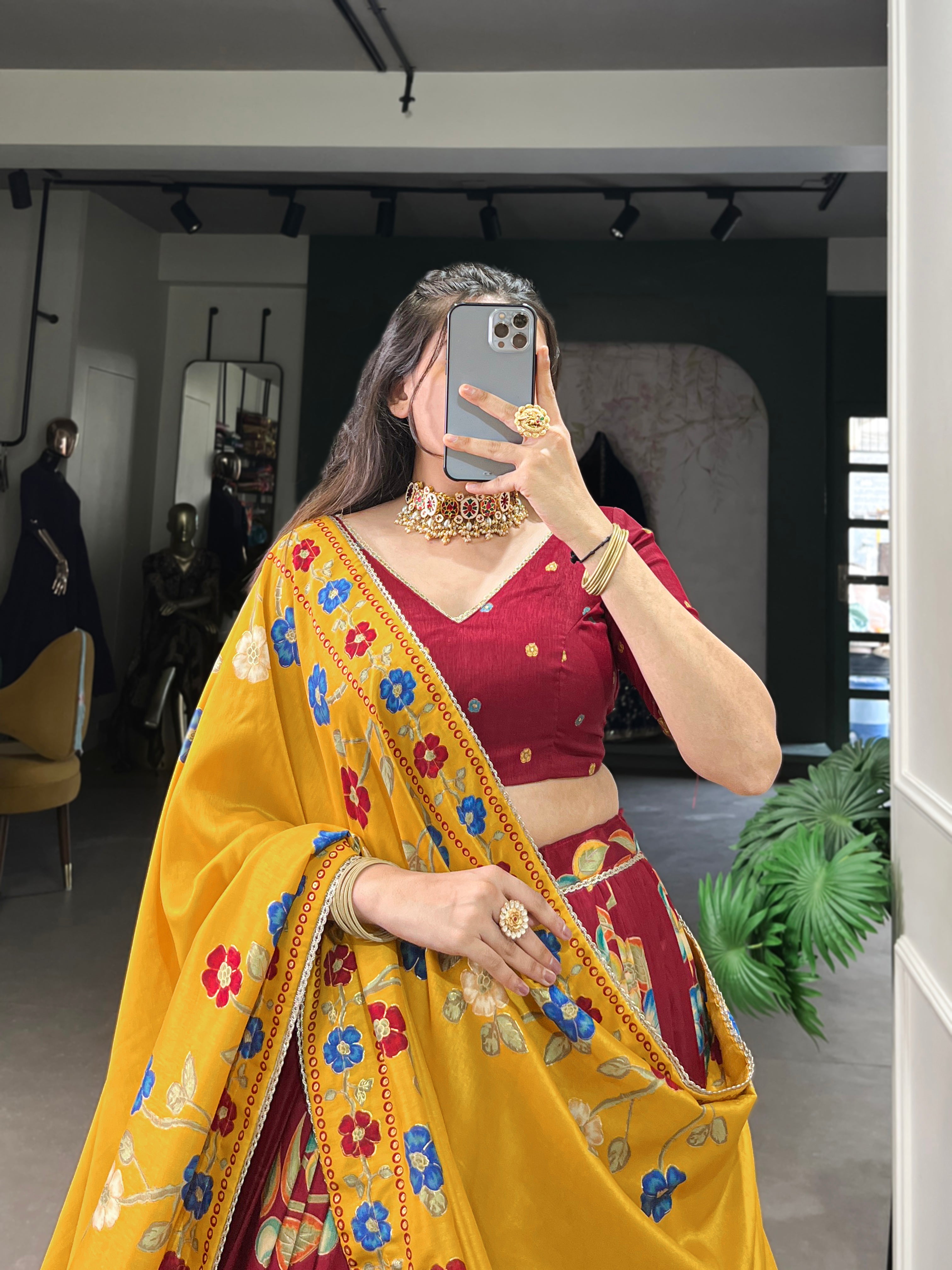 Maroon Elegant Tussar Silk Printed Lehenga Set with Foil Work & Gotta Patti Dupatta