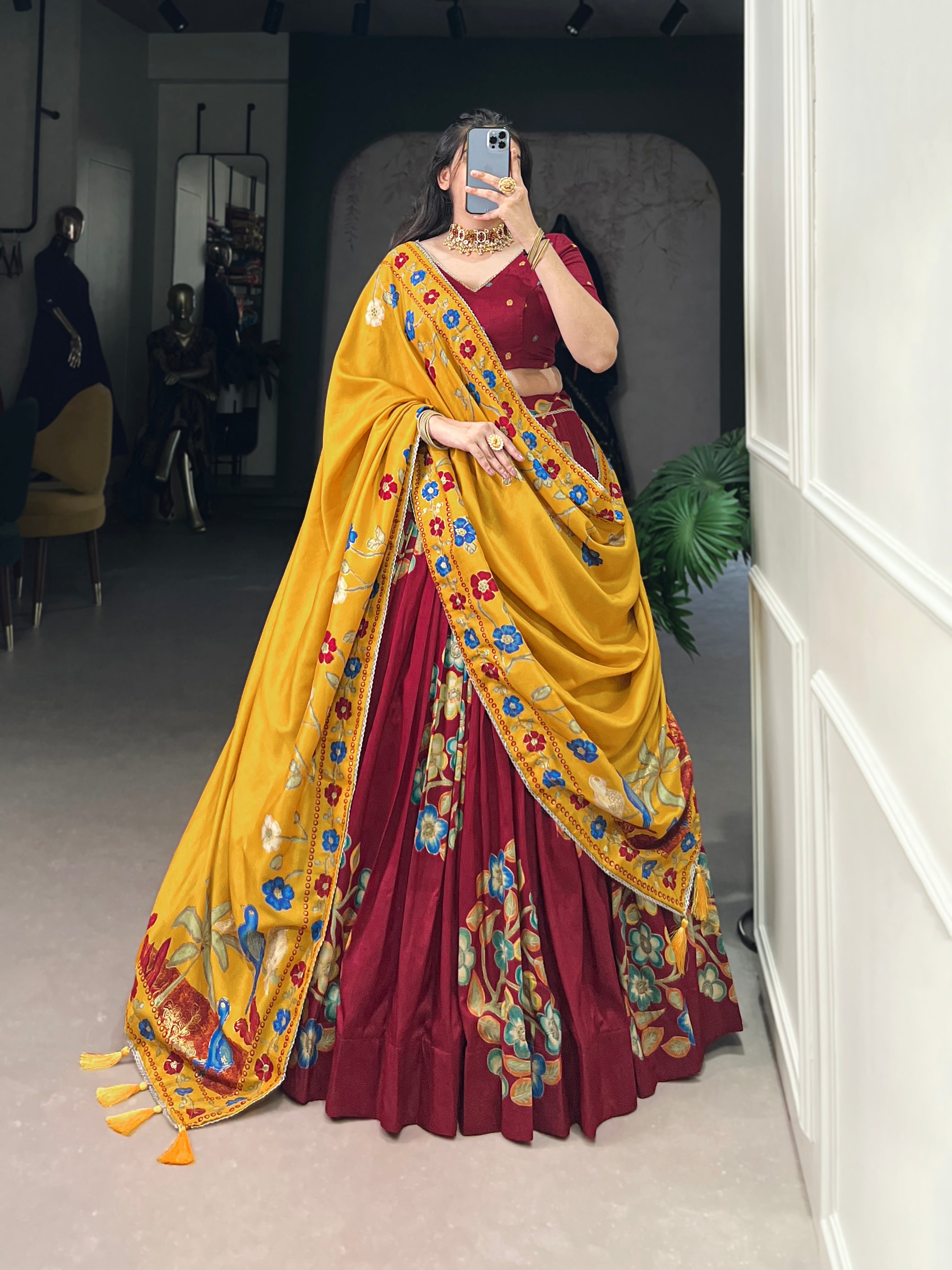 Maroon Elegant Tussar Silk Printed Lehenga Set with Foil Work & Gotta Patti Dupatta