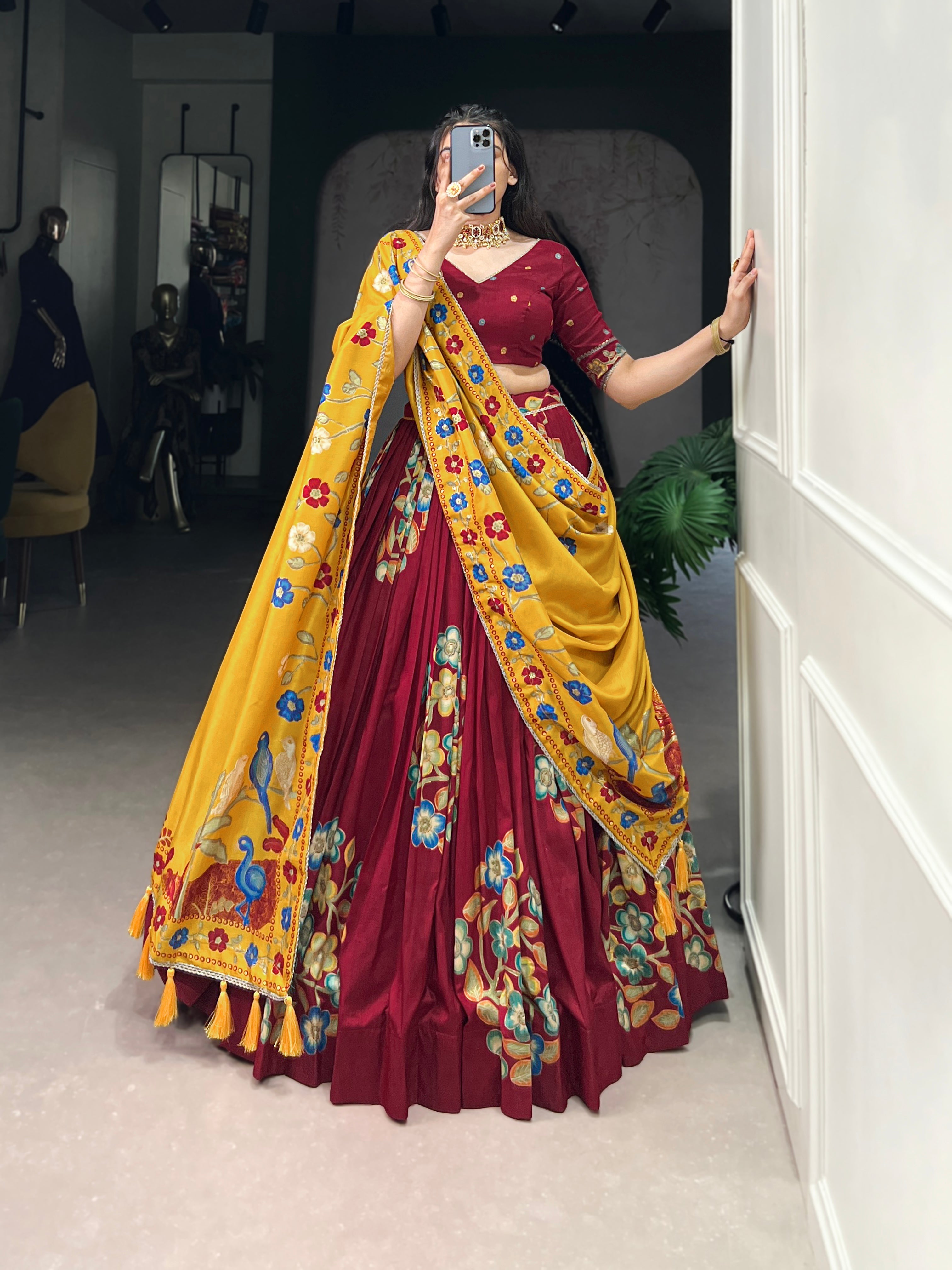 Maroon Elegant Tussar Silk Printed Lehenga Set with Foil Work & Gotta Patti Dupatta