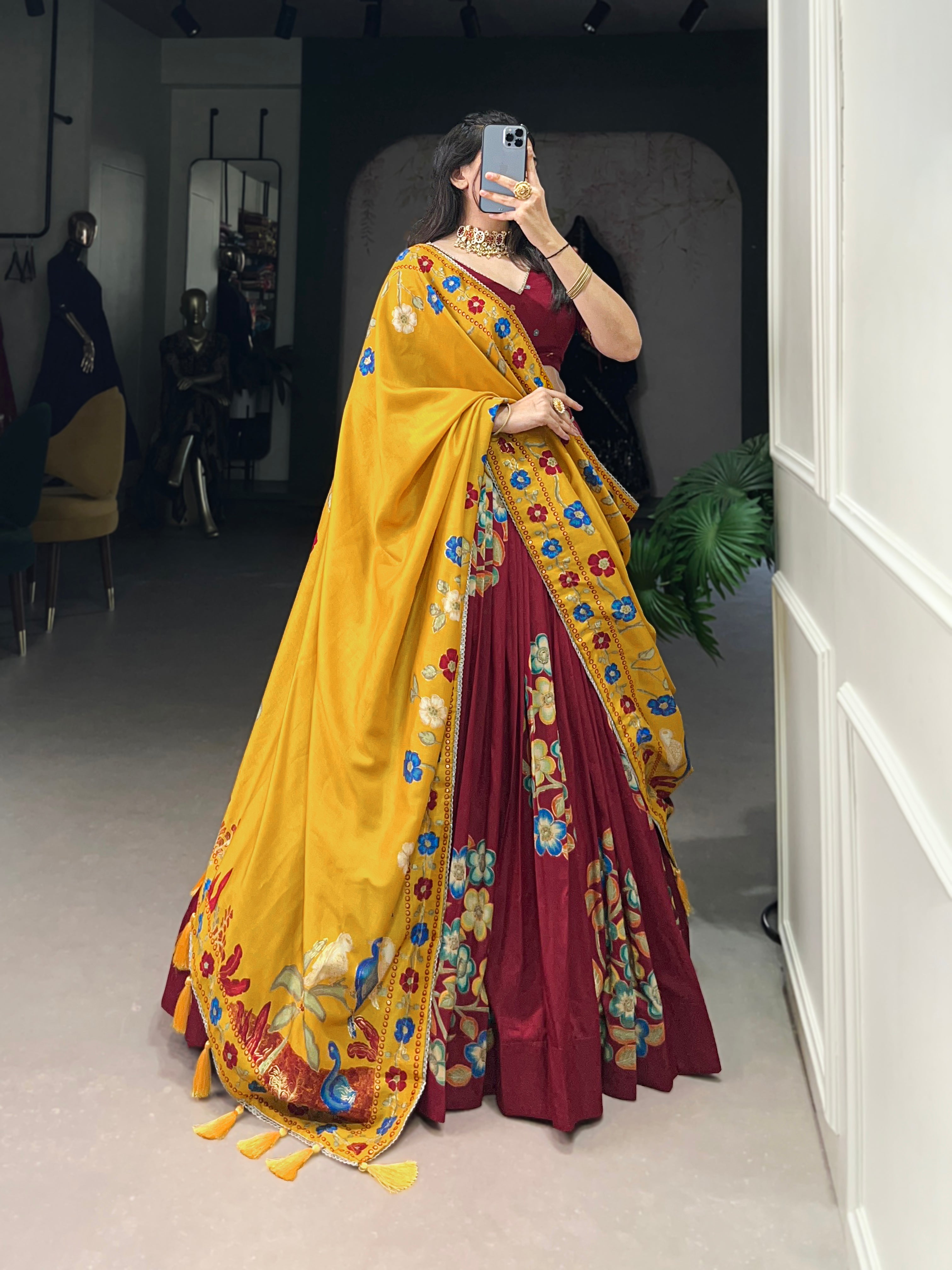 Maroon Elegant Tussar Silk Printed Lehenga Set with Foil Work & Gotta Patti Dupatta