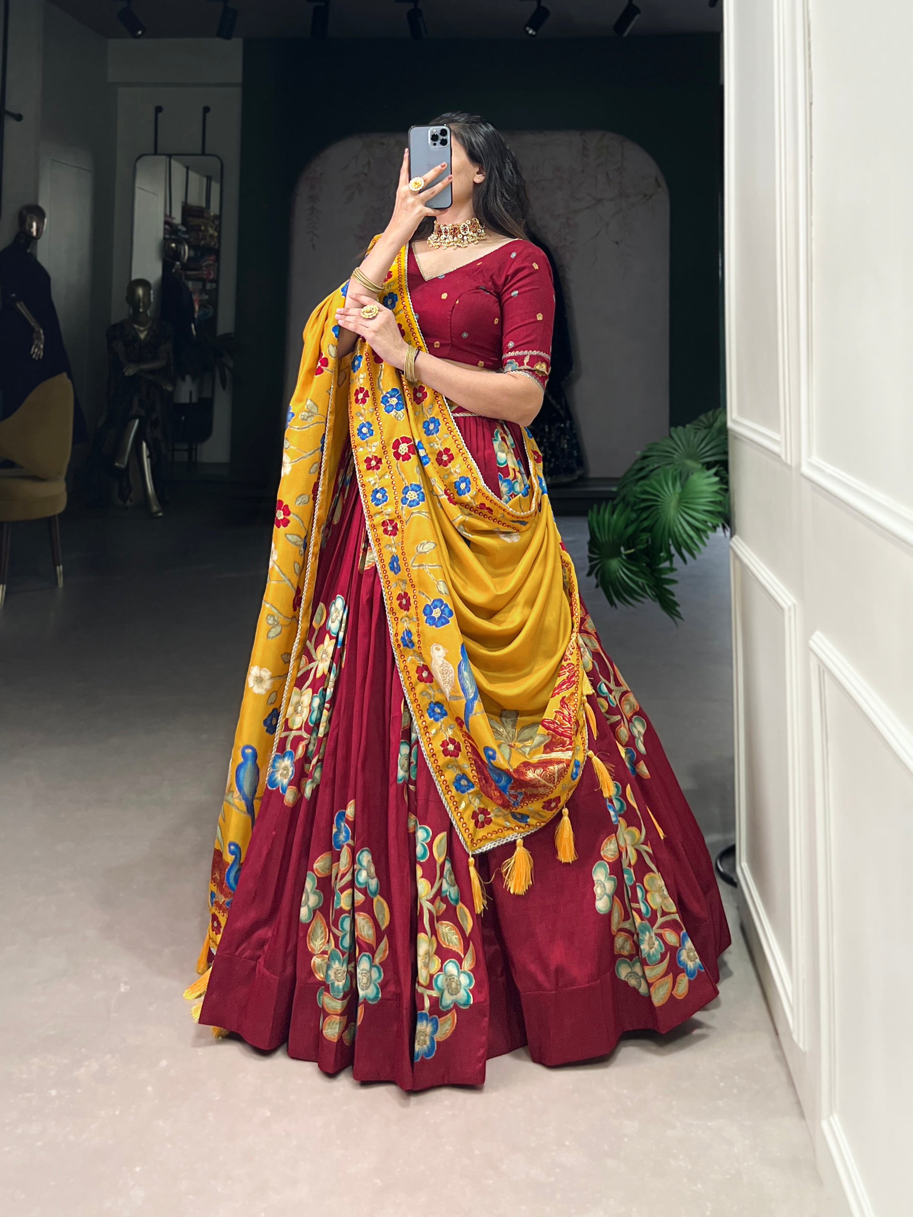 Maroon Elegant Tussar Silk Printed Lehenga Set with Foil Work & Gotta Patti Dupatta