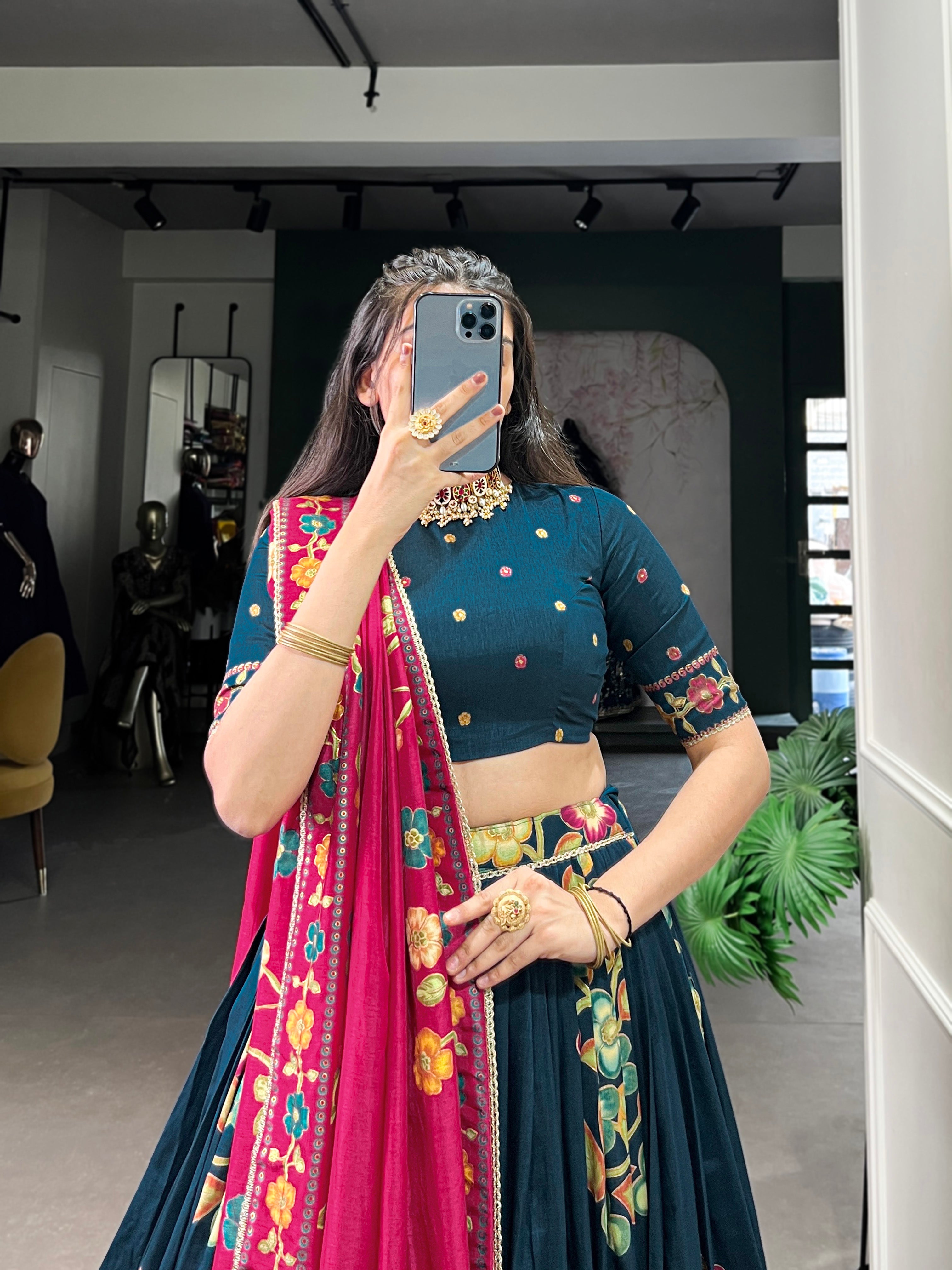 Peacock Blue Elegant Tussar Silk Printed Lehenga Set with Foil Work & Gotta Patti Dupatta