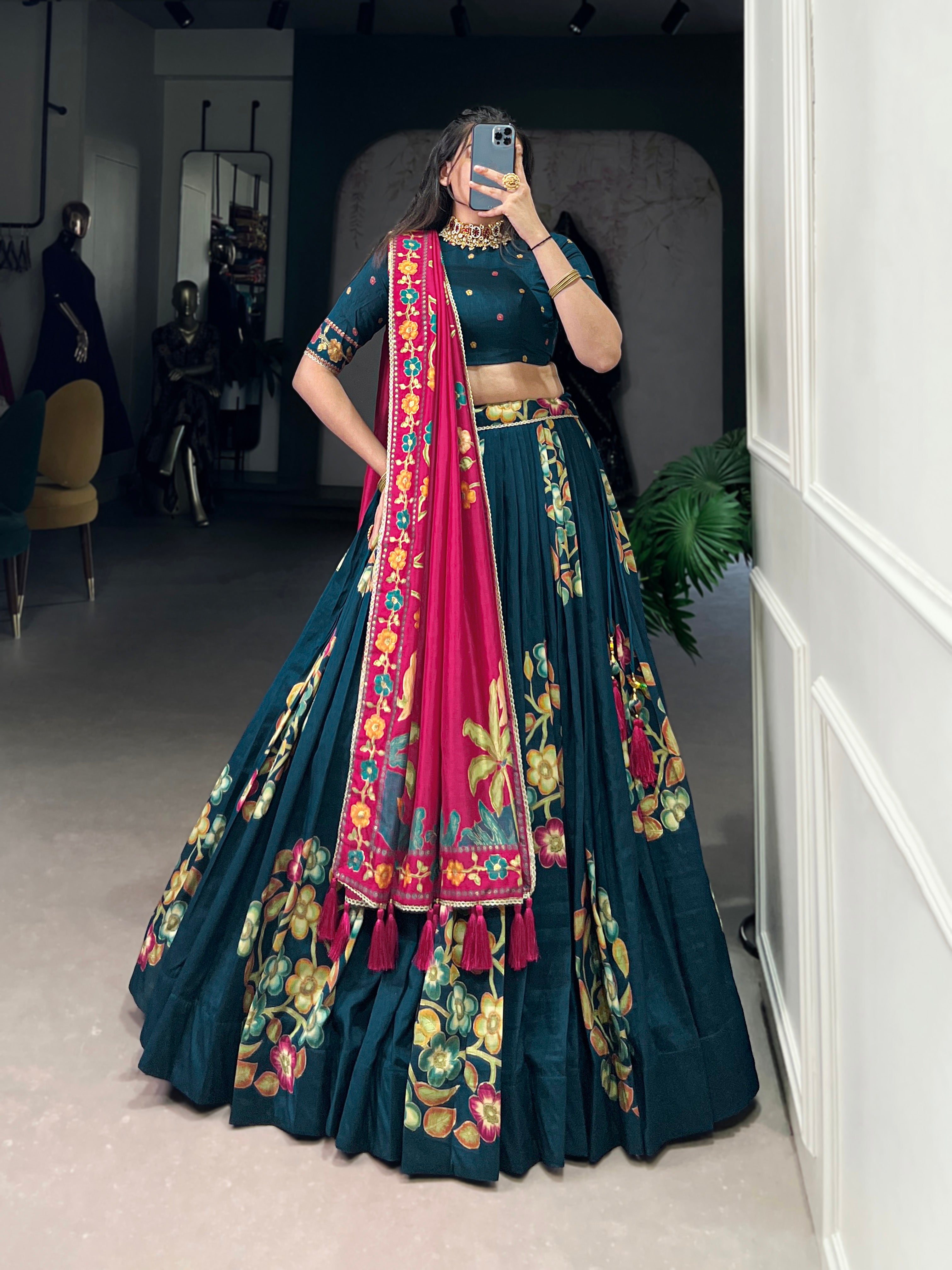 Peacock Blue Elegant Tussar Silk Printed Lehenga Set with Foil Work & Gotta Patti Dupatta