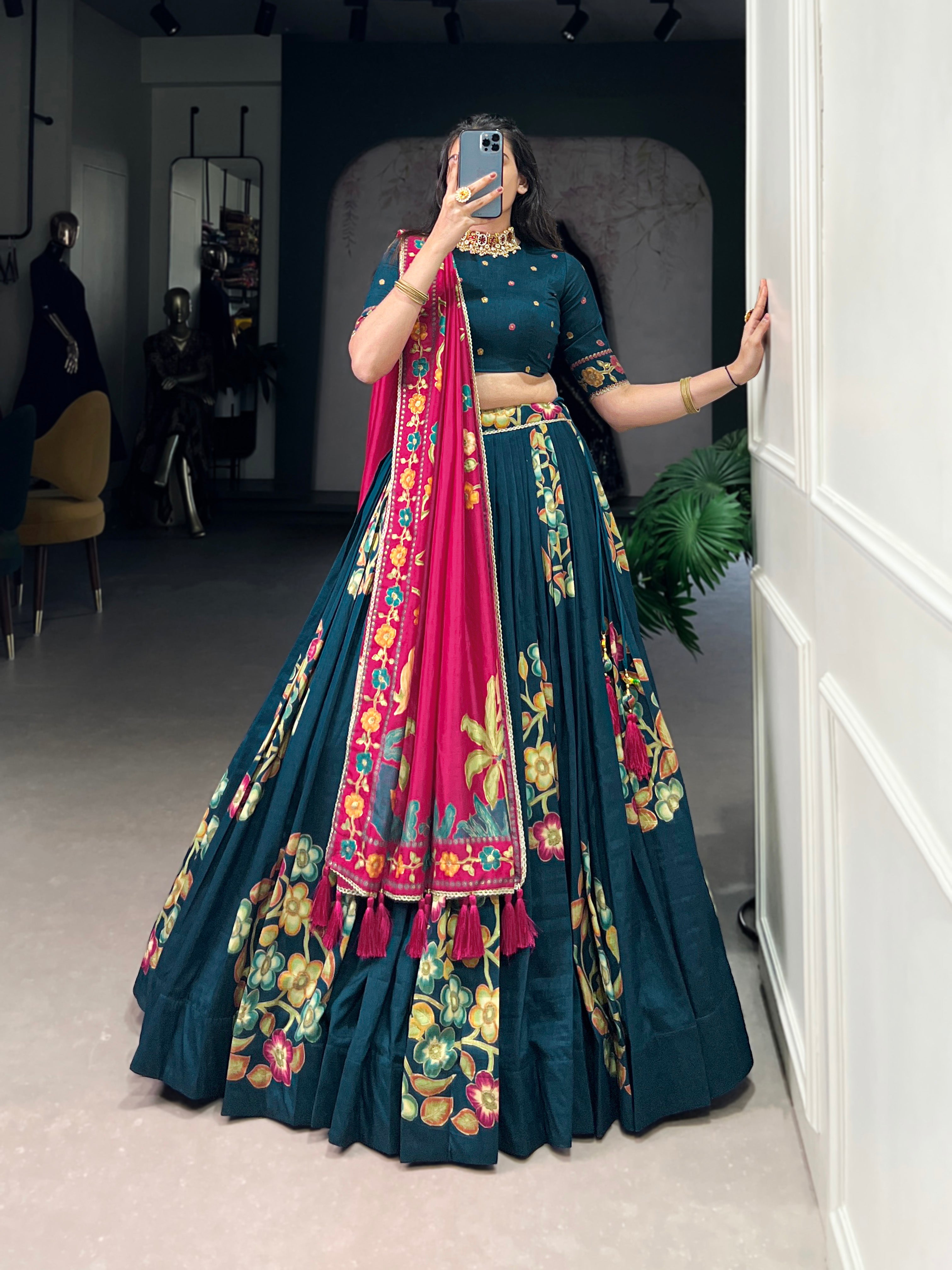 Peacock Blue Elegant Tussar Silk Printed Lehenga Set with Foil Work & Gotta Patti Dupatta