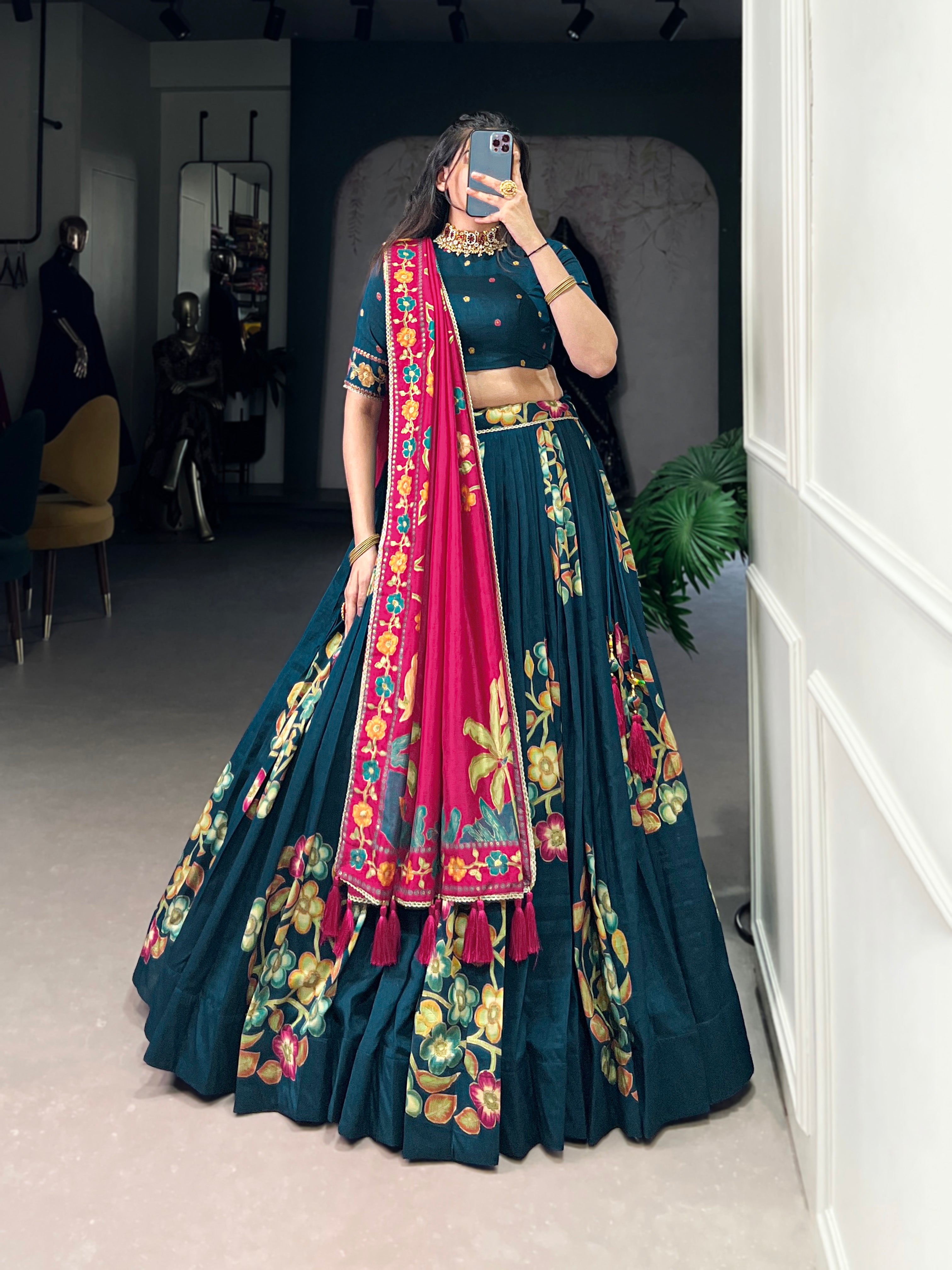 Peacock Blue Elegant Tussar Silk Printed Lehenga Set with Foil Work & Gotta Patti Dupatta