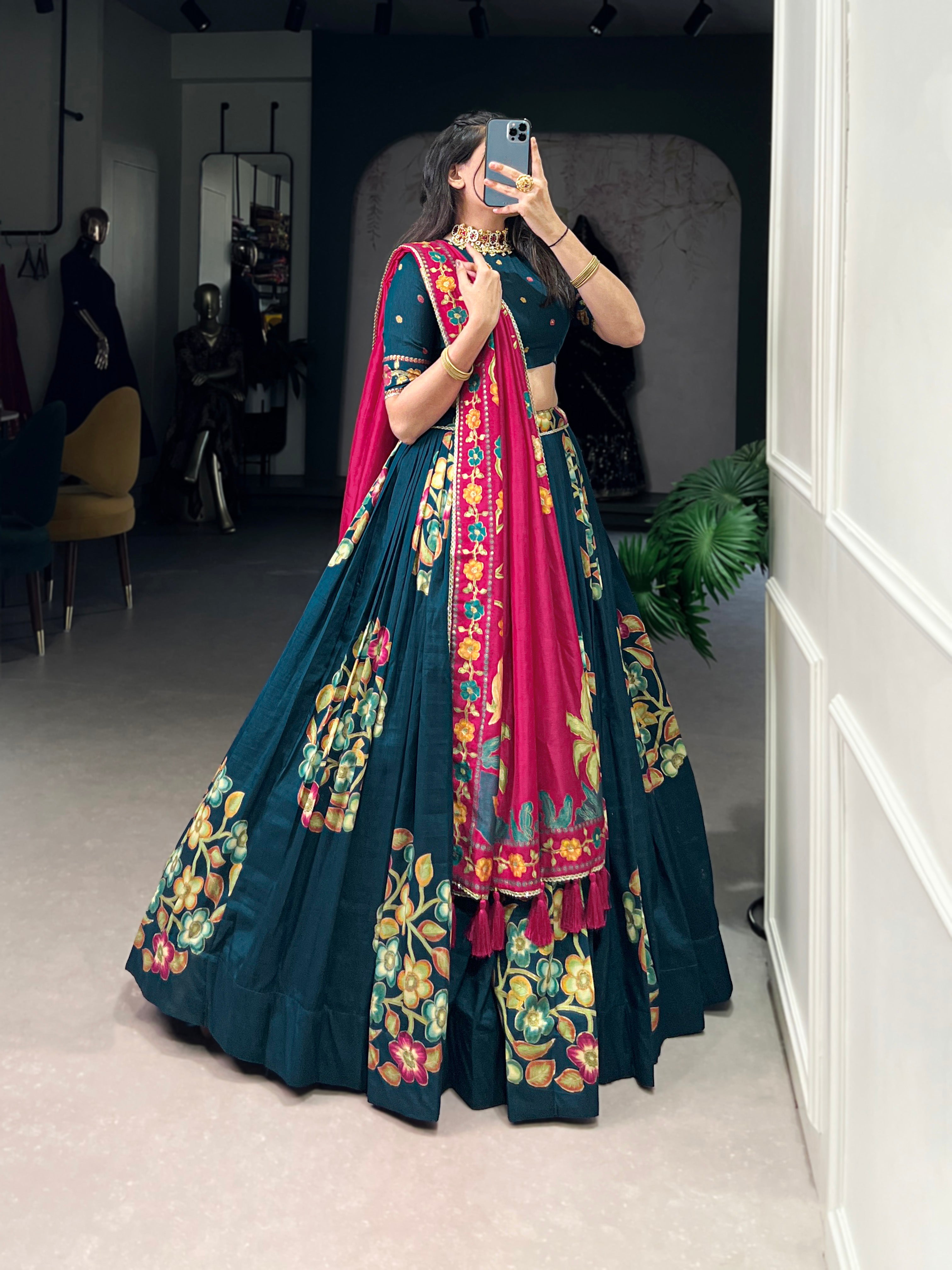 Peacock Blue Elegant Tussar Silk Printed Lehenga Set with Foil Work & Gotta Patti Dupatta