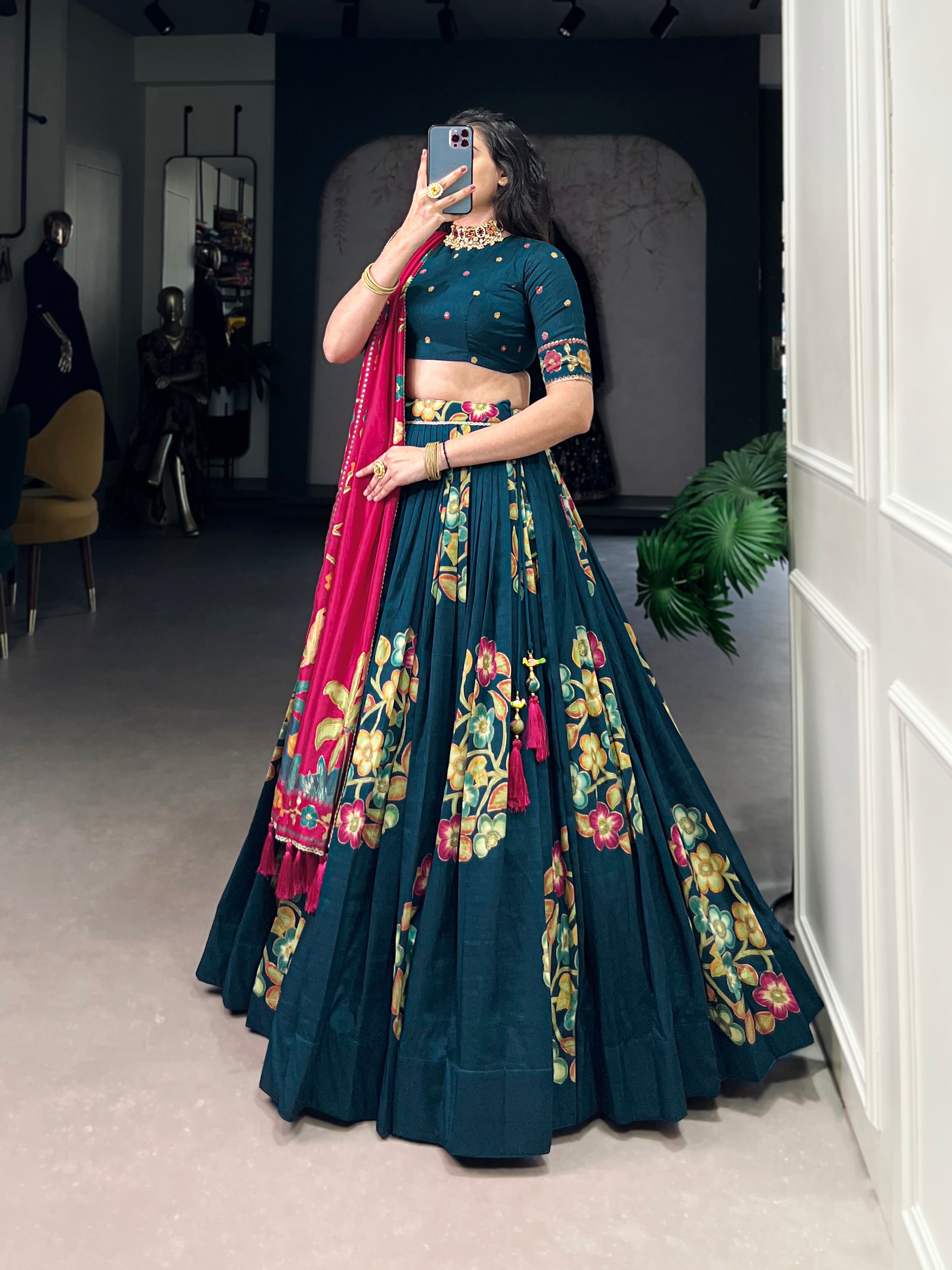 Peacock Blue Elegant Tussar Silk Printed Lehenga Set with Foil Work & Gotta Patti Dupatta