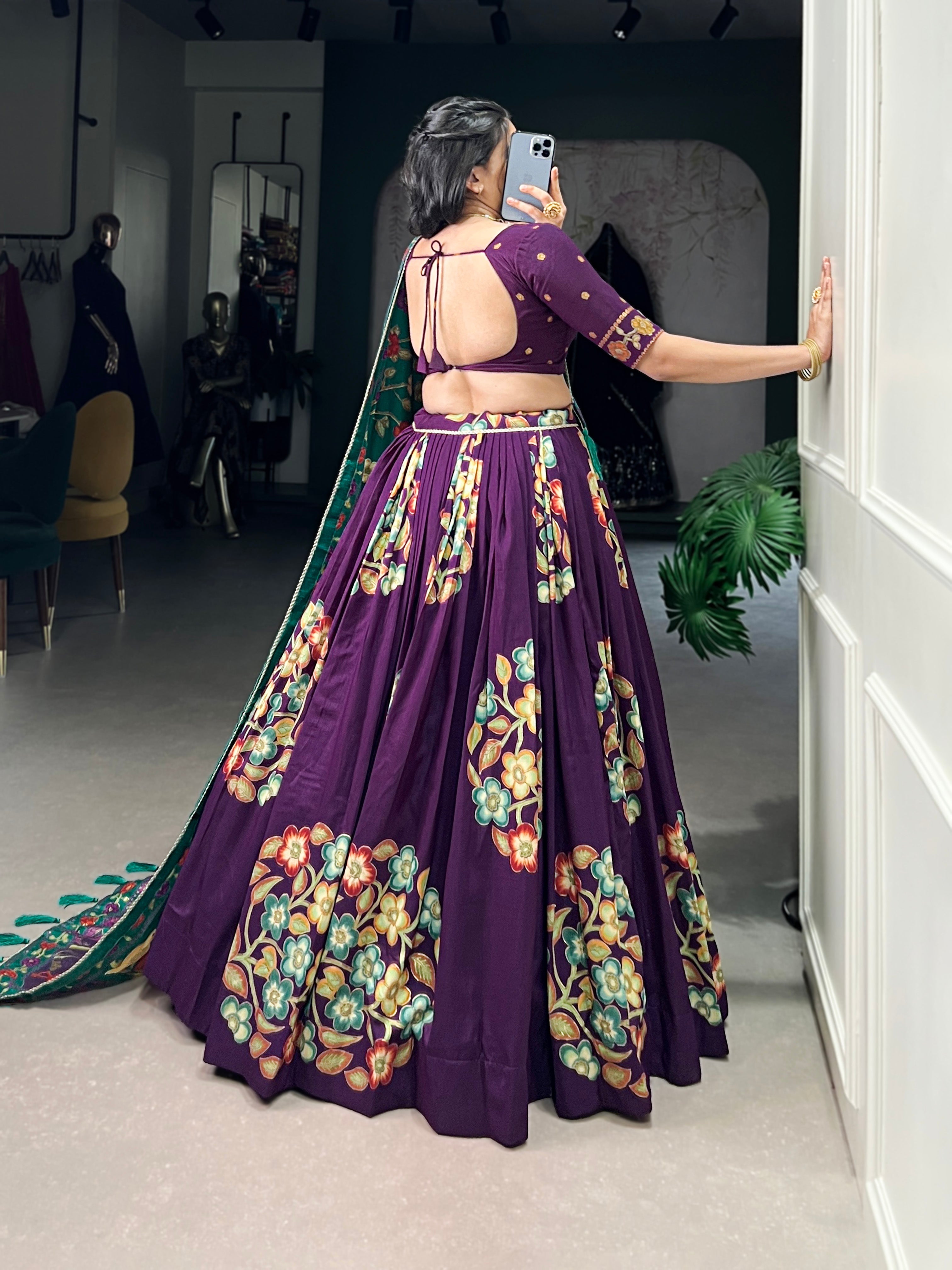 Purple Tussar Silk Printed Lehenga Set with Foil Work & Gotta Patti Dupatta