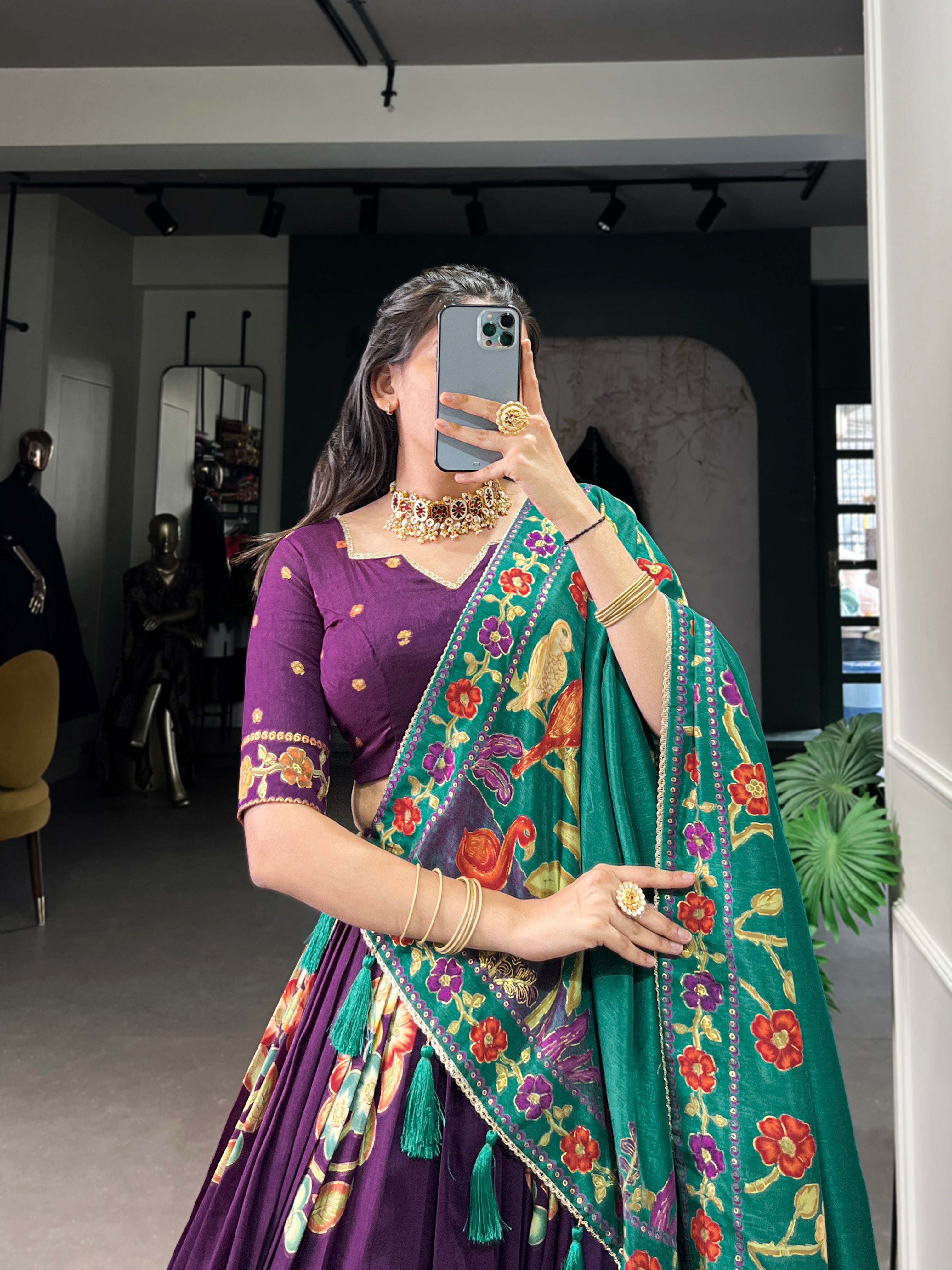 Purple Tussar Silk Printed Lehenga Set with Foil Work & Gotta Patti Dupatta