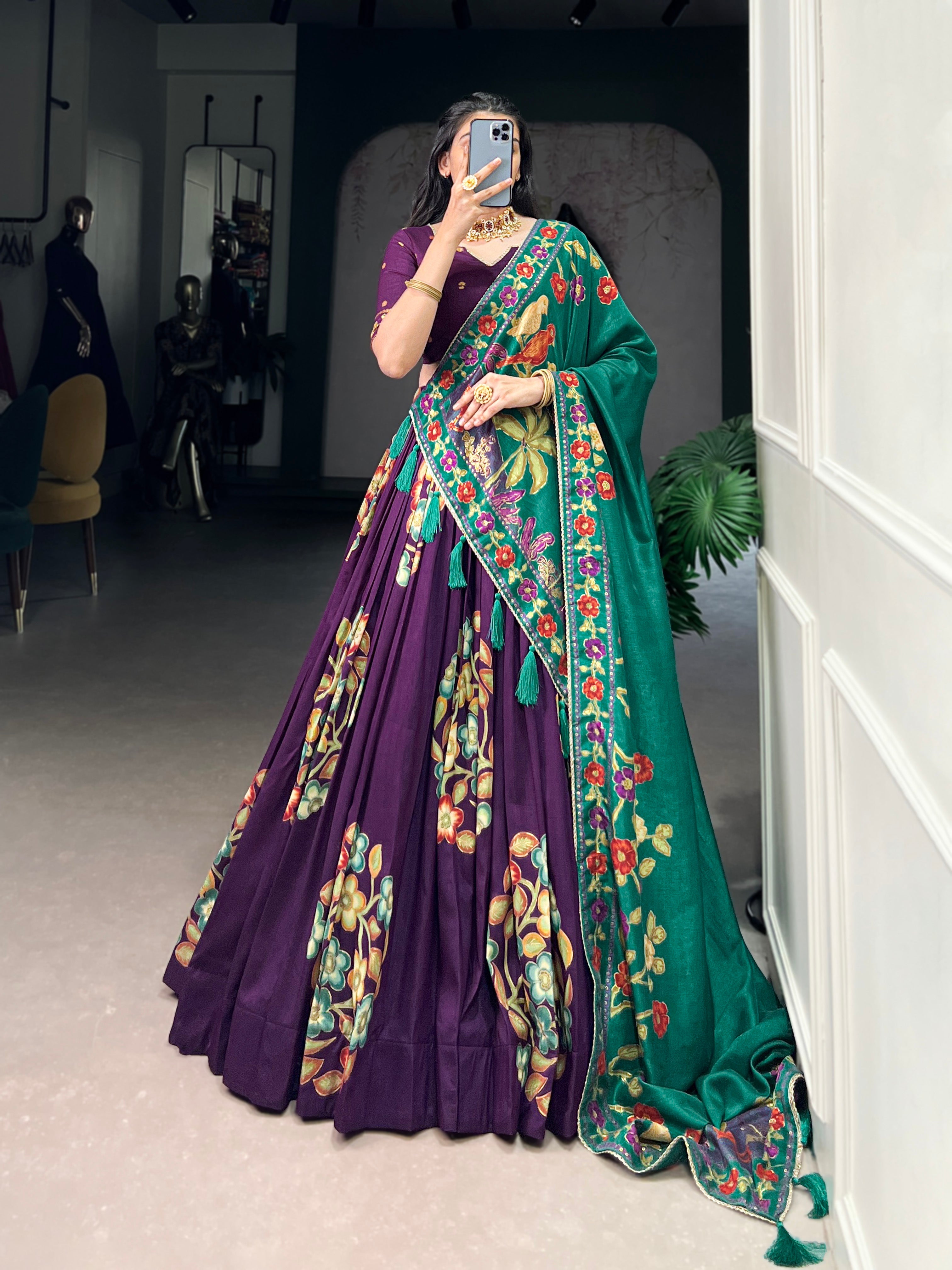 Purple Tussar Silk Printed Lehenga Set with Foil Work & Gotta Patti Dupatta