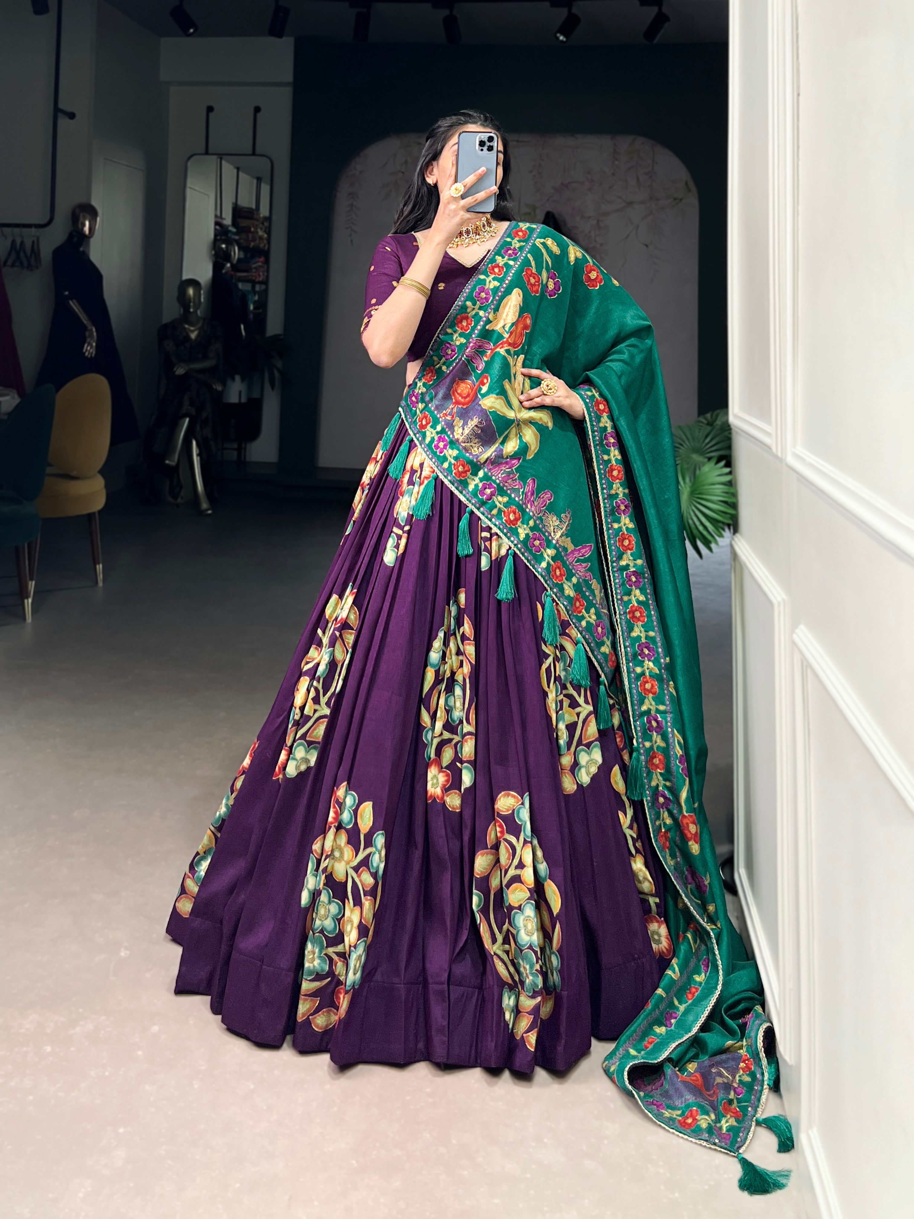 Purple Tussar Silk Printed Lehenga Set with Foil Work & Gotta Patti Dupatta