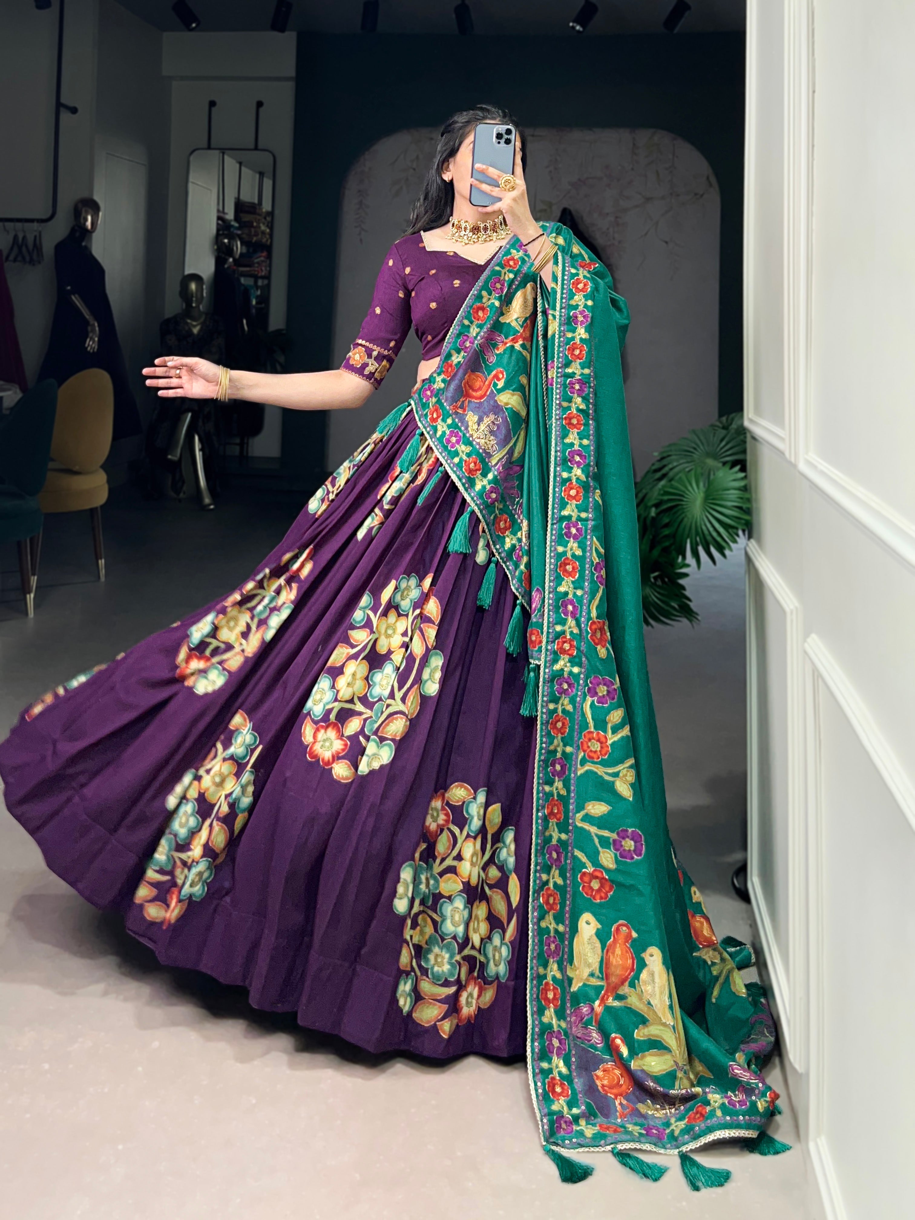 Purple Tussar Silk Printed Lehenga Set with Foil Work & Gotta Patti Dupatta