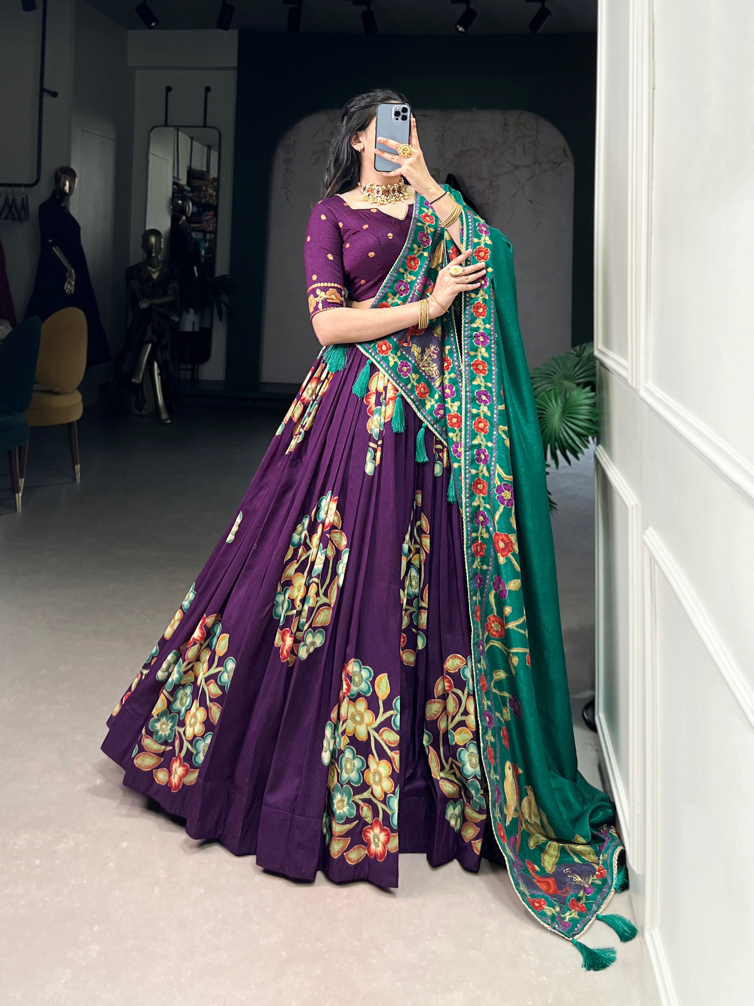 Purple Tussar Silk Printed Lehenga Set with Foil Work & Gotta Patti Dupatta
