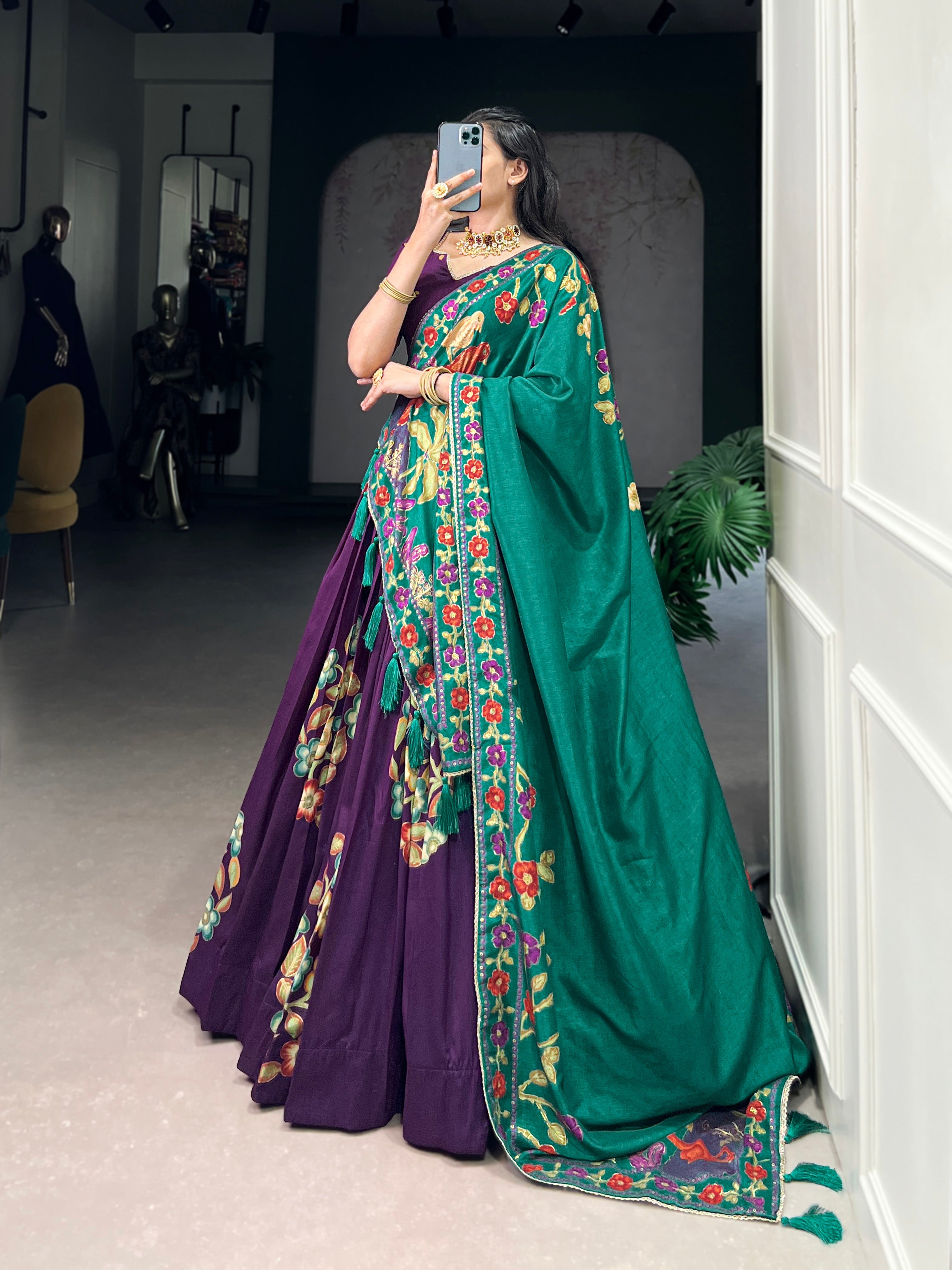Purple Tussar Silk Printed Lehenga Set with Foil Work & Gotta Patti Dupatta