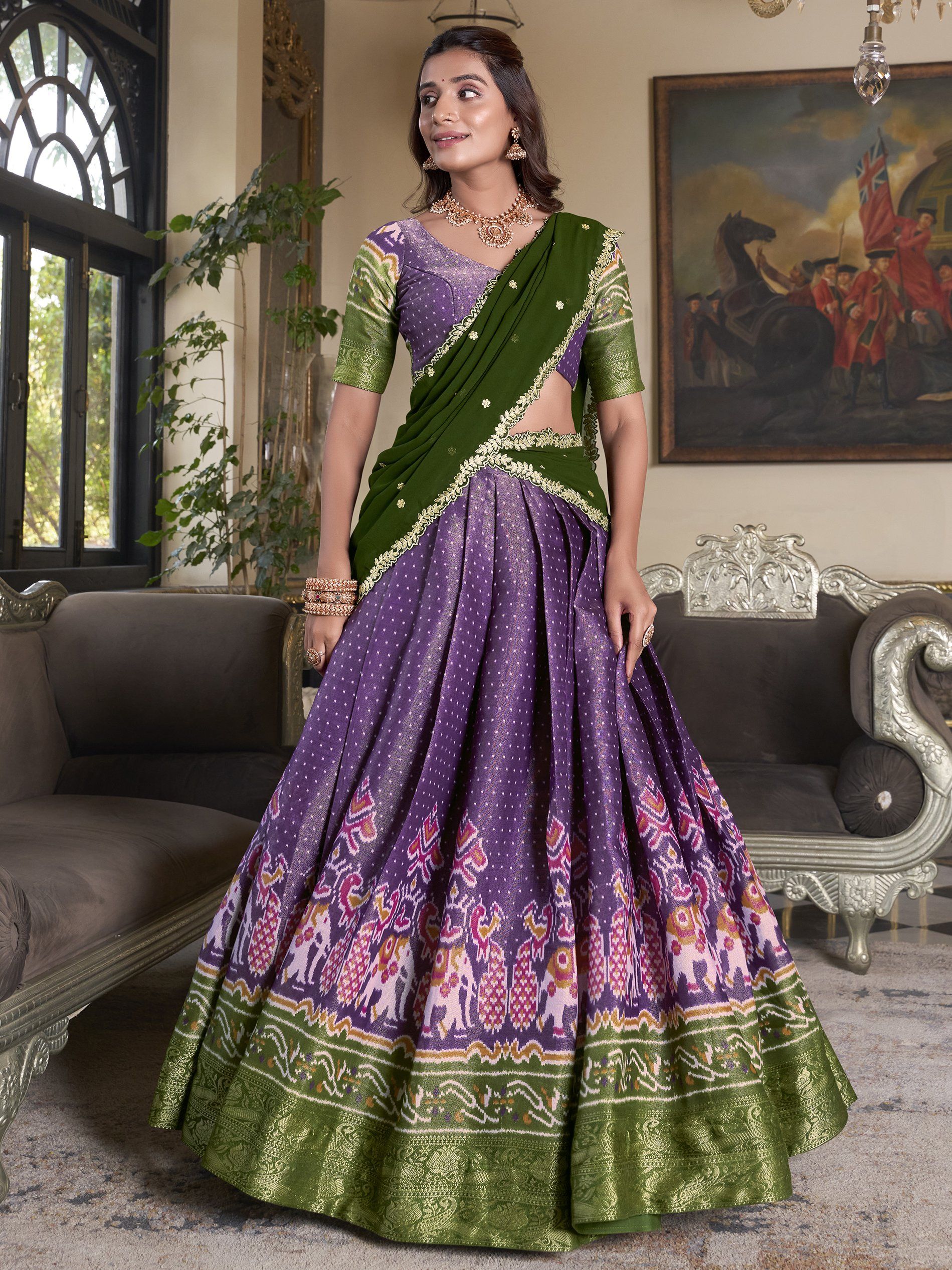 Elegant Purple Silk Ikat Print Wedding Wear Lehenga Choli With Dupatta
