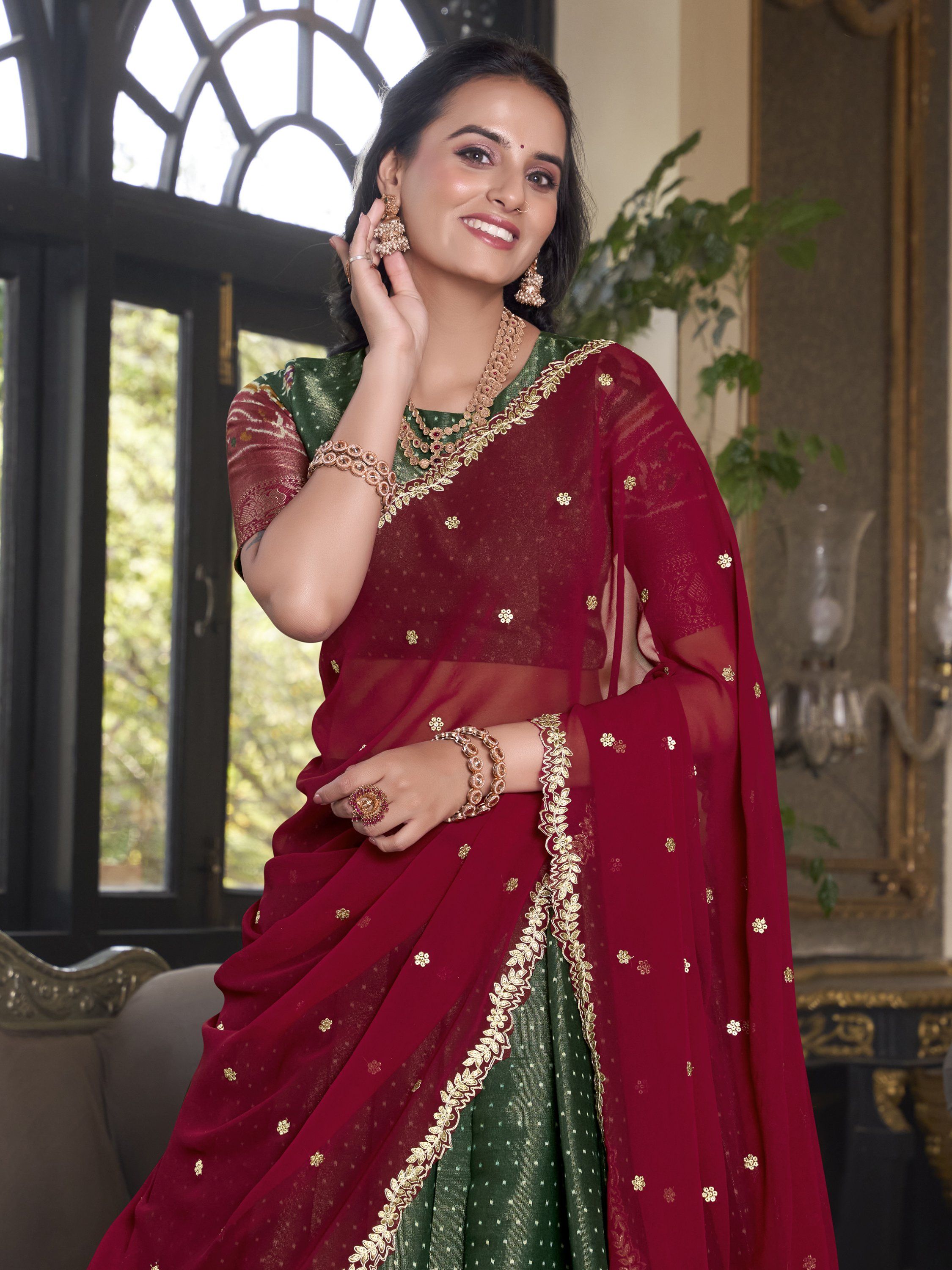 Fantastic Bottle Green Silk Ikat Print Event Wear Lehenga With Blouse