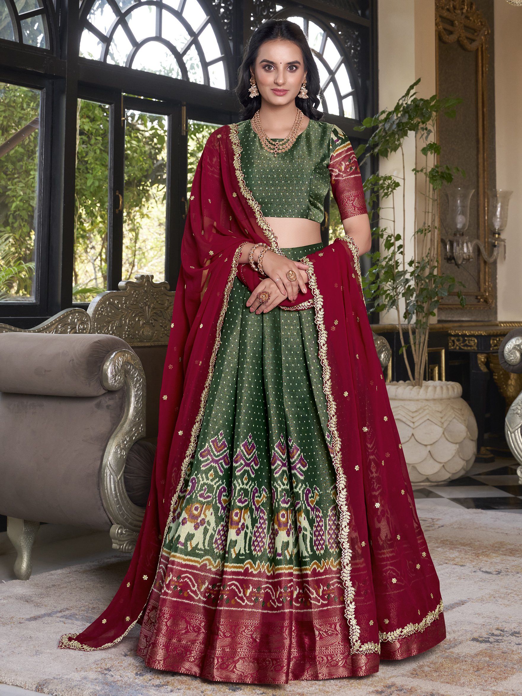 Fantastic Bottle Green Silk Ikat Print Event Wear Lehenga With Blouse