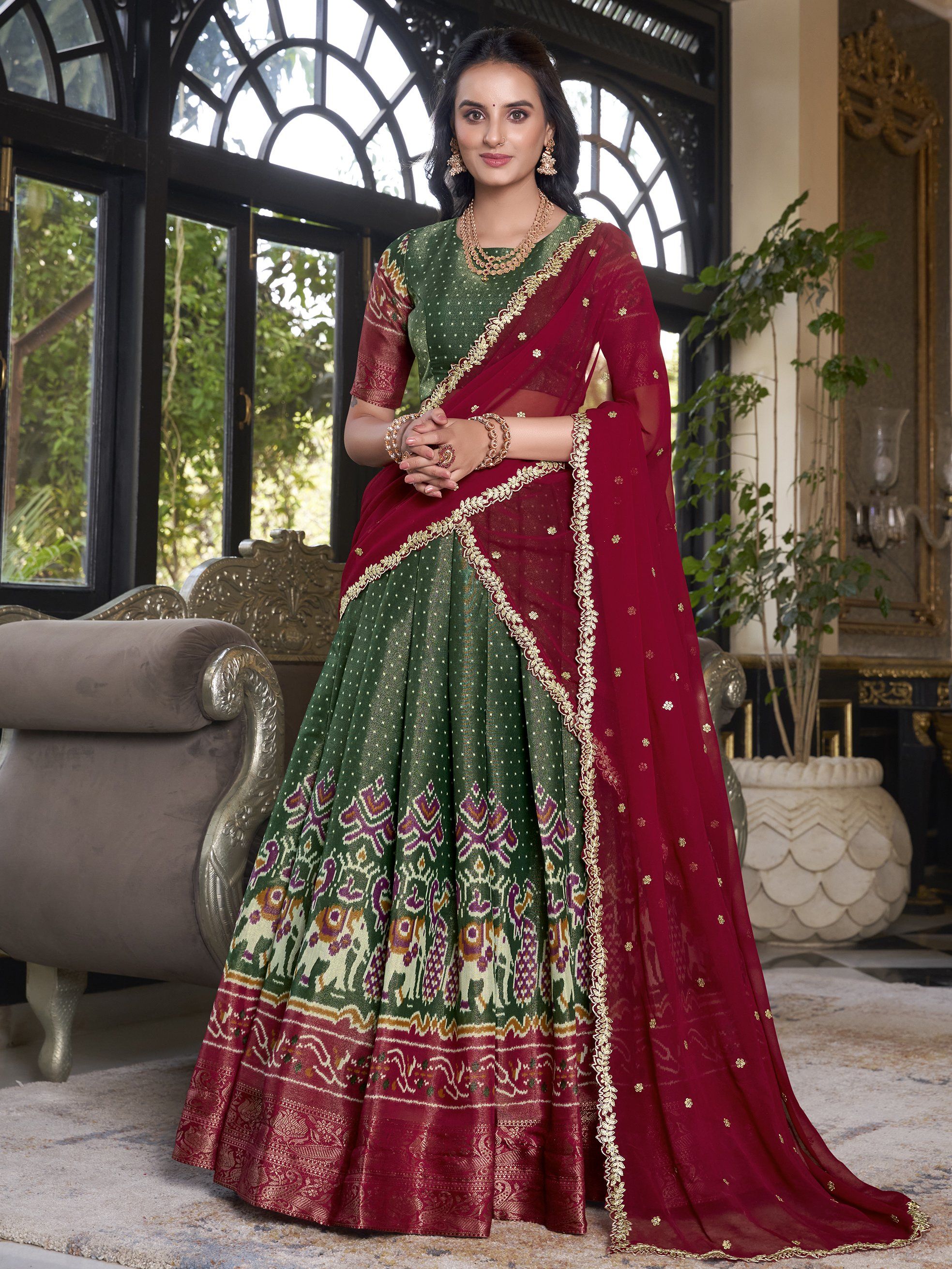 Fantastic Bottle Green Silk Ikat Print Event Wear Lehenga With Blouse