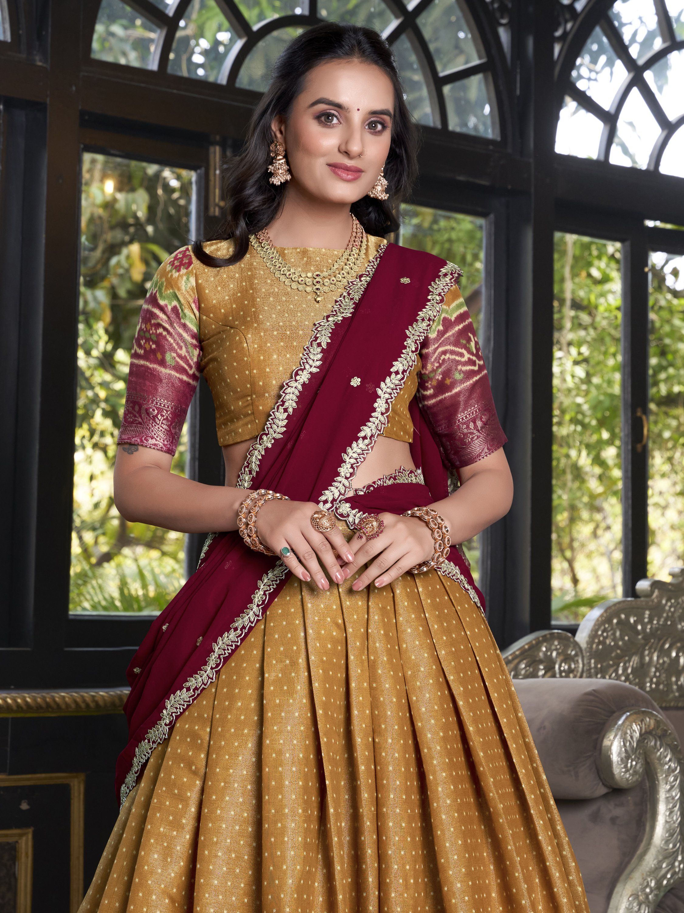 Captivating Mustard Yellow Silk Ikat Print Festive Wear Lehenga Choli