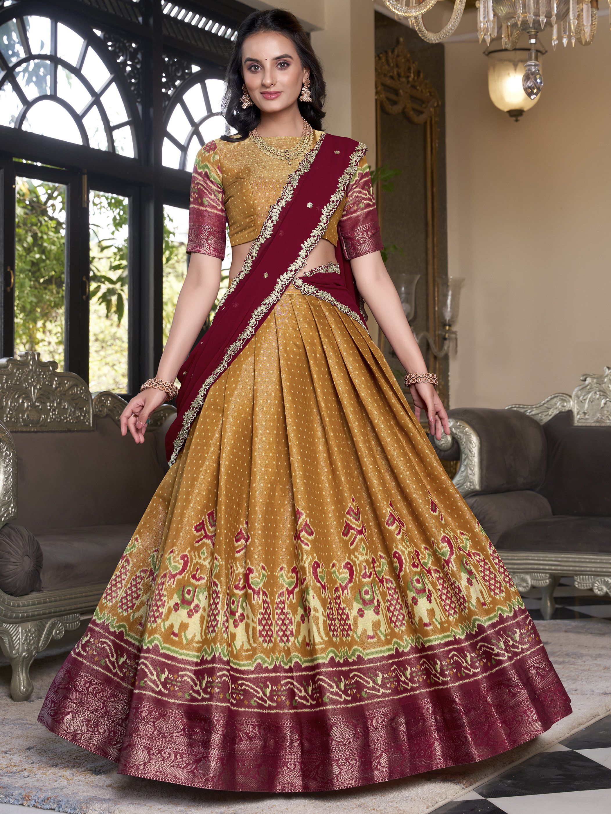 Captivating Mustard Yellow Silk Ikat Print Festive Wear Lehenga Choli
