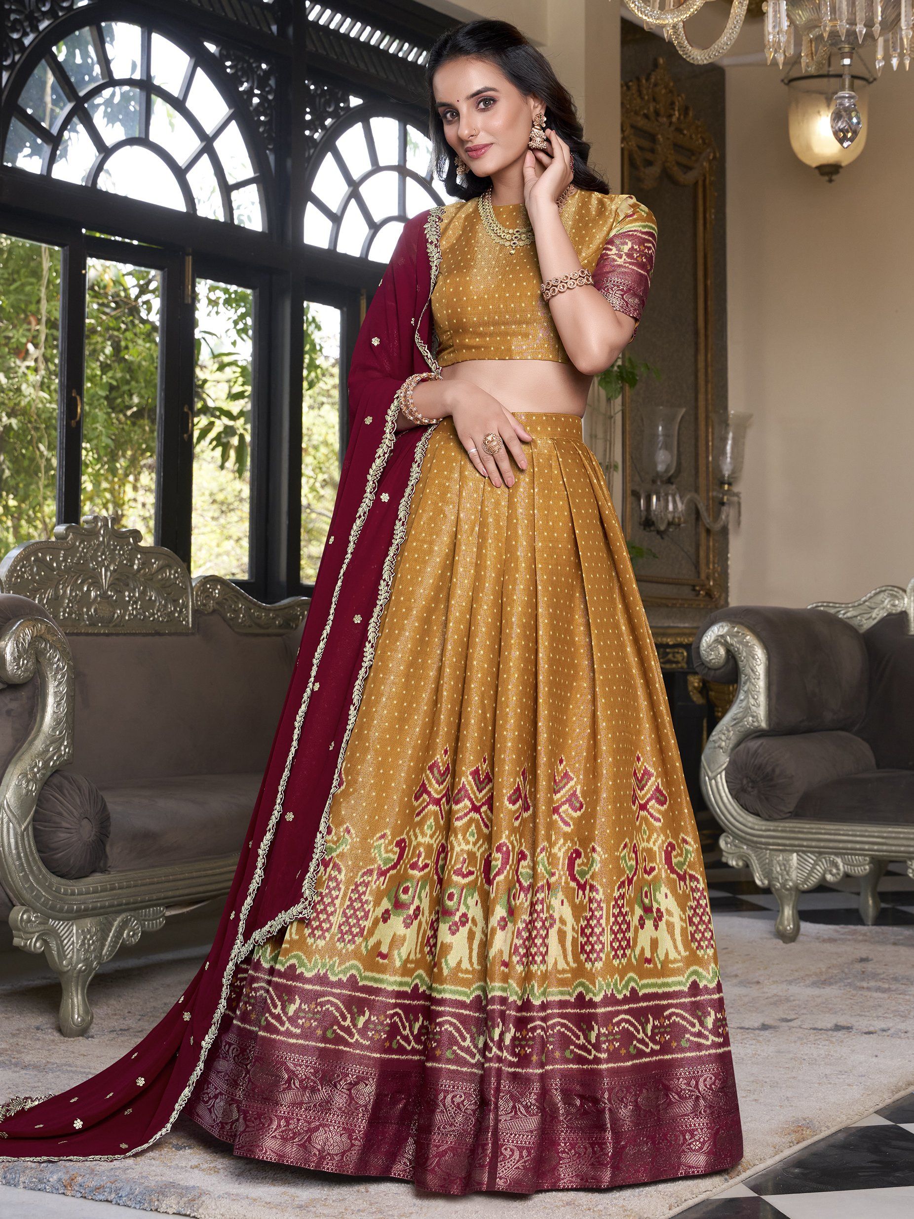 Captivating Mustard Yellow Silk Ikat Print Festive Wear Lehenga Choli