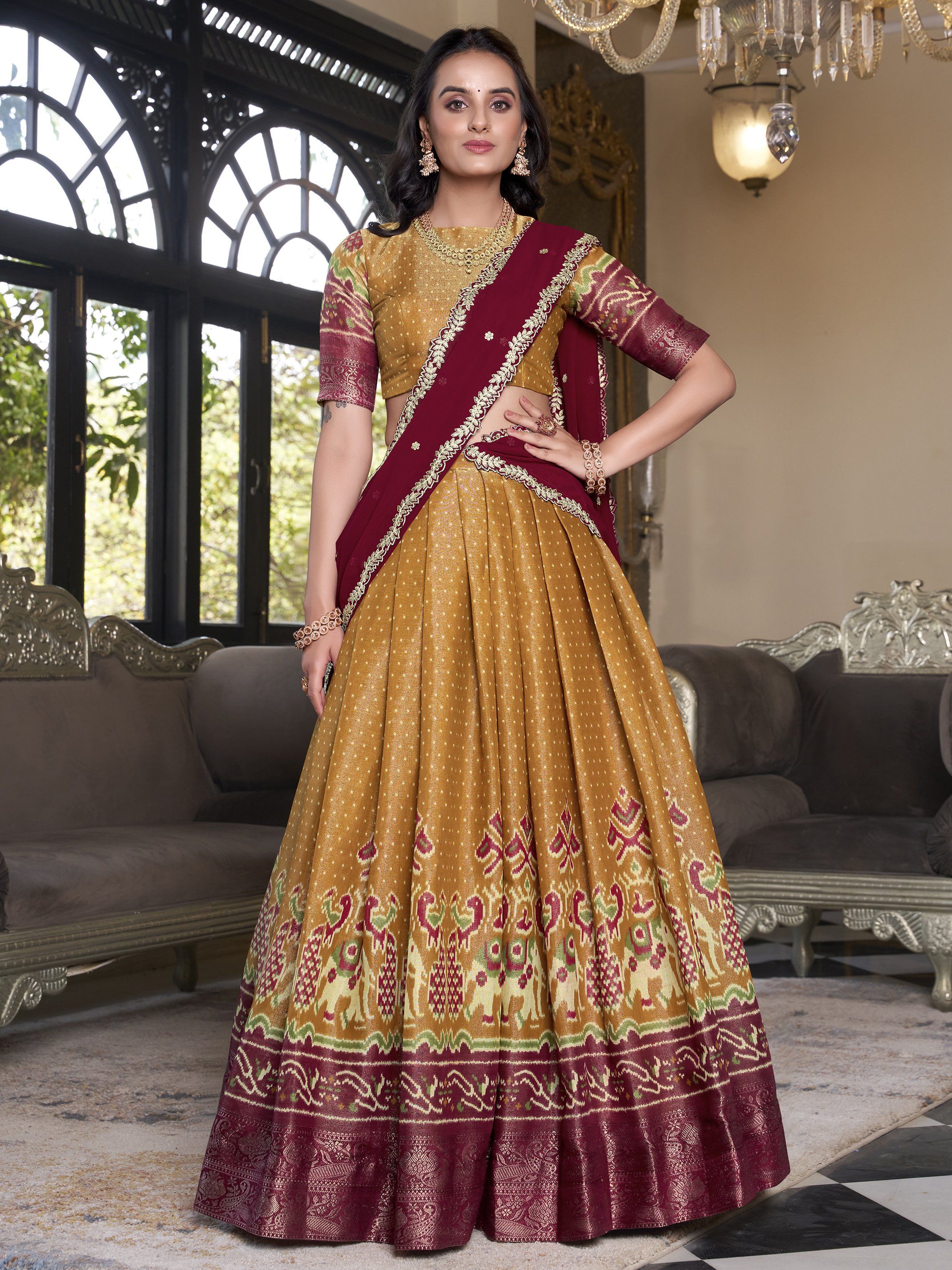 Captivating Mustard Yellow Silk Ikat Print Festive Wear Lehenga Choli