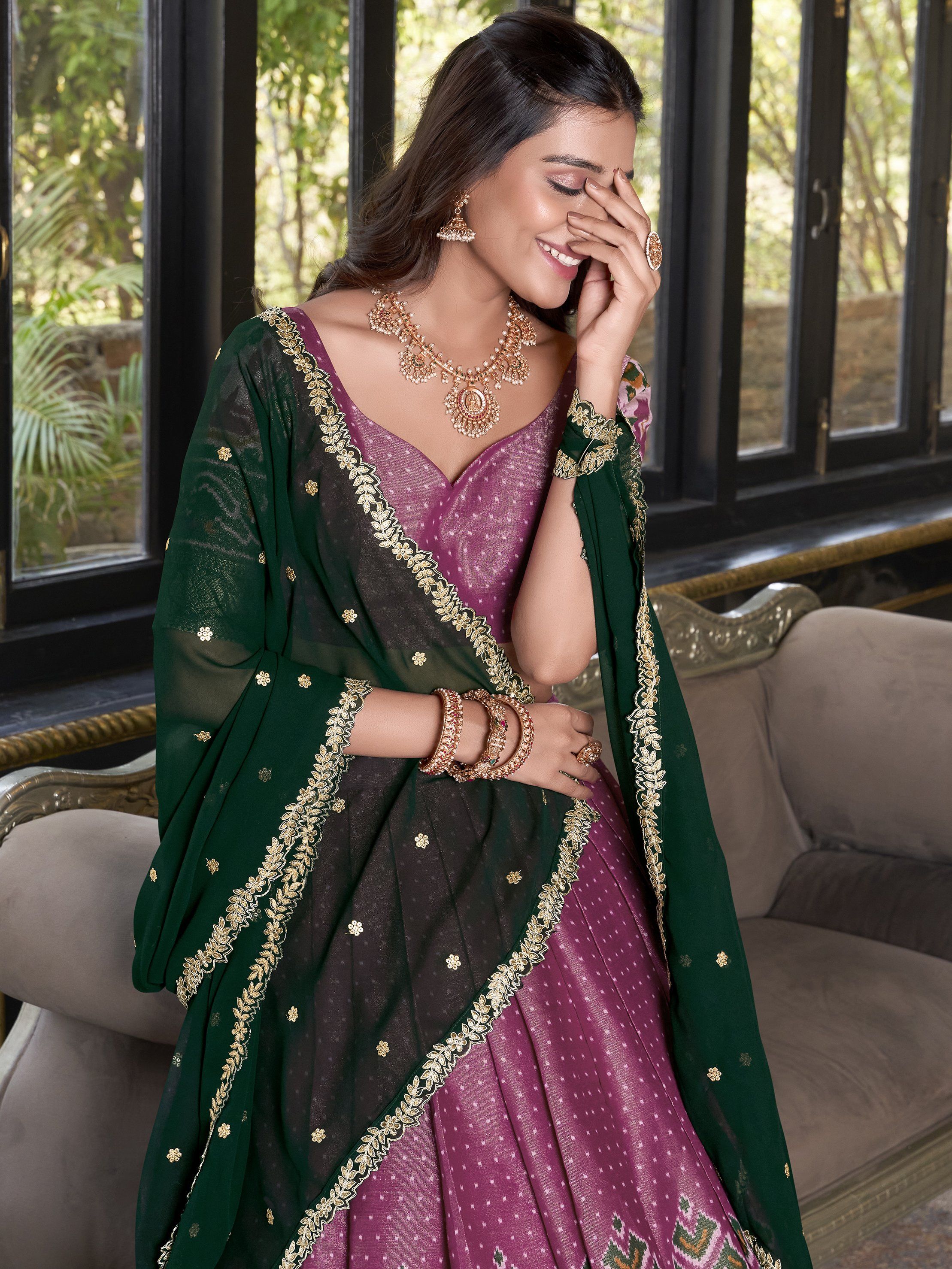 Pretty Pink Silk Ikat Print Traditional Lehenga Choli With Dupatta