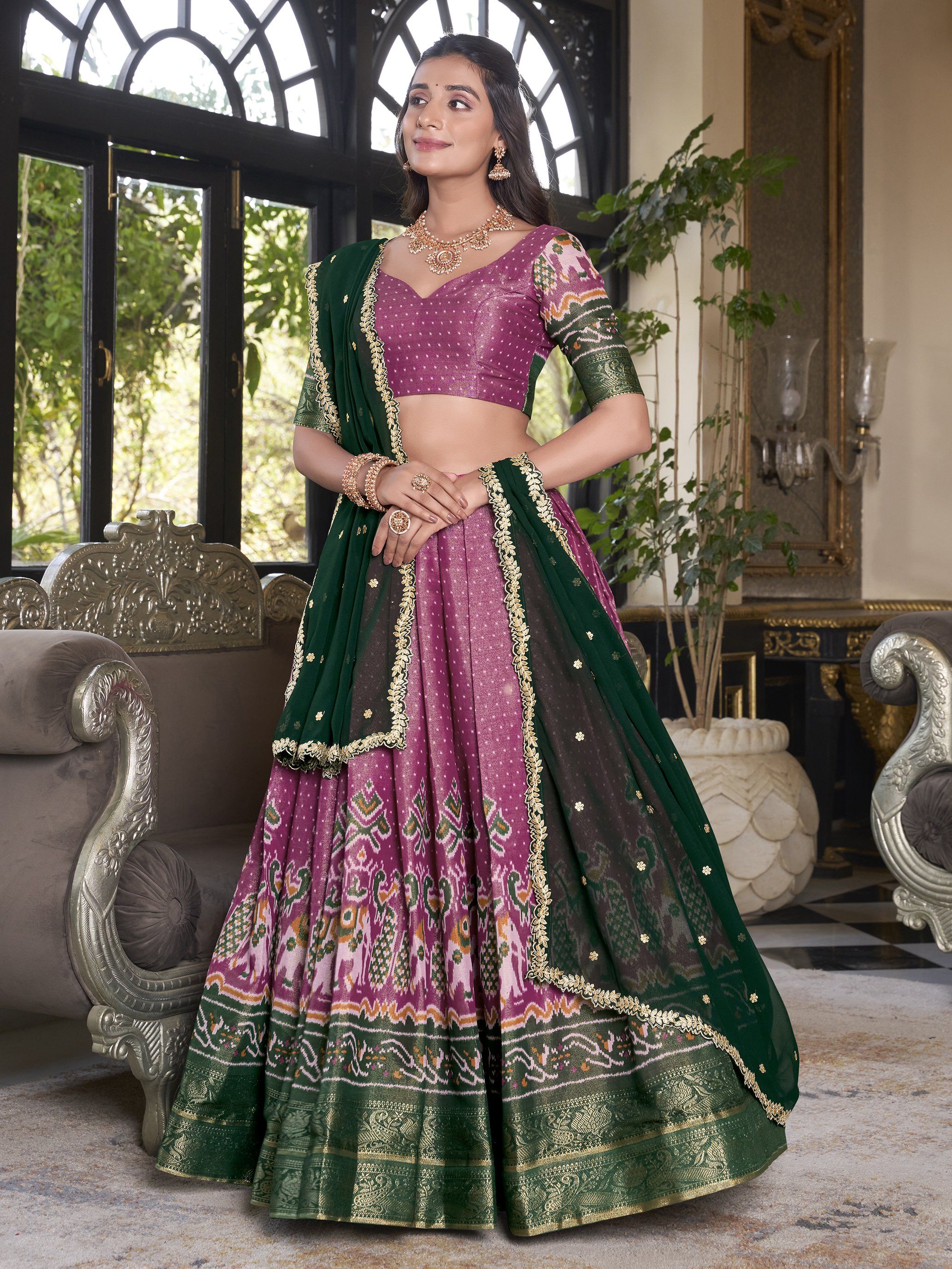 Pretty Pink Silk Ikat Print Traditional Lehenga Choli With Dupatta