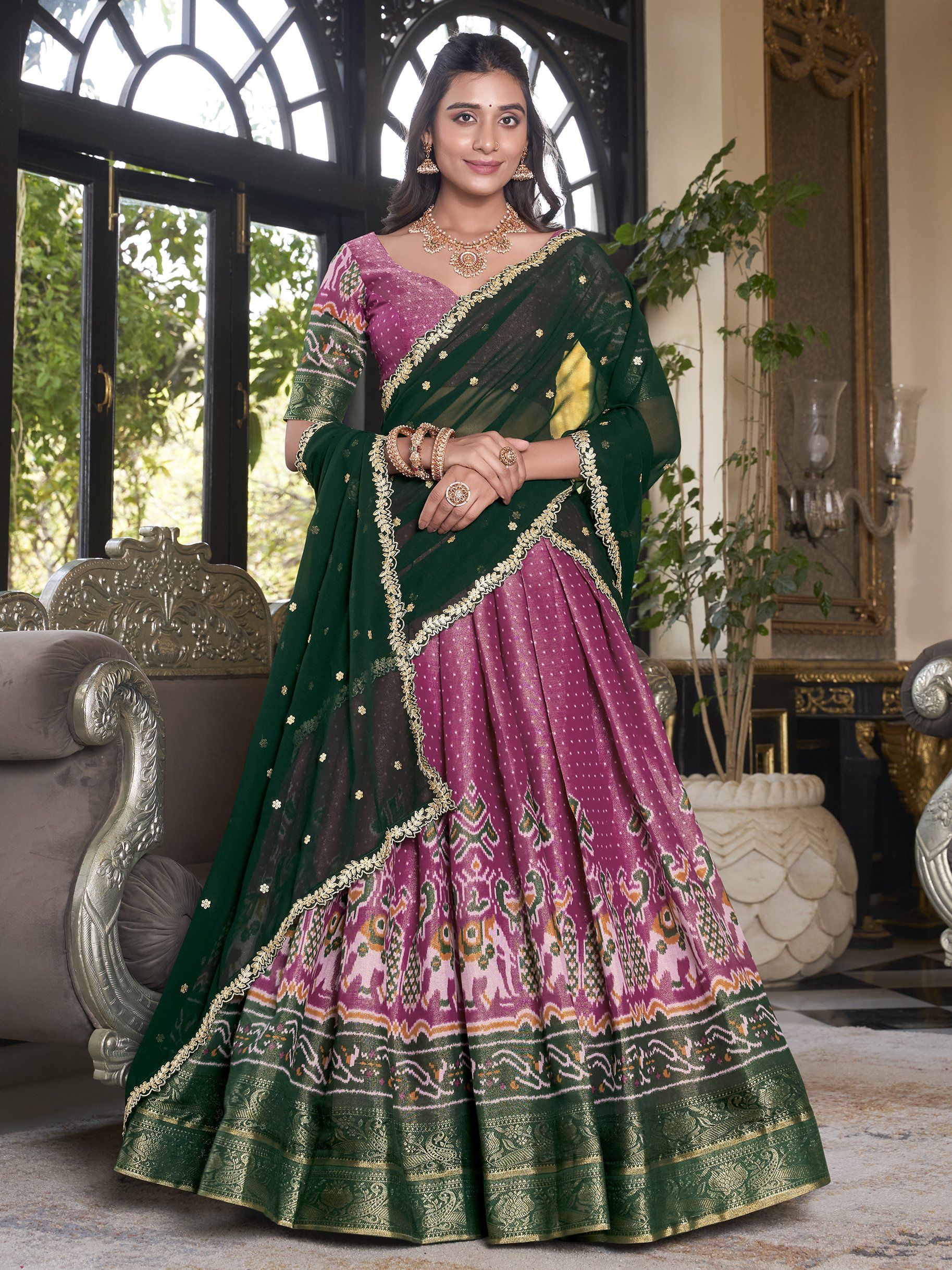 Pretty Pink Silk Ikat Print Traditional Lehenga Choli With Dupatta