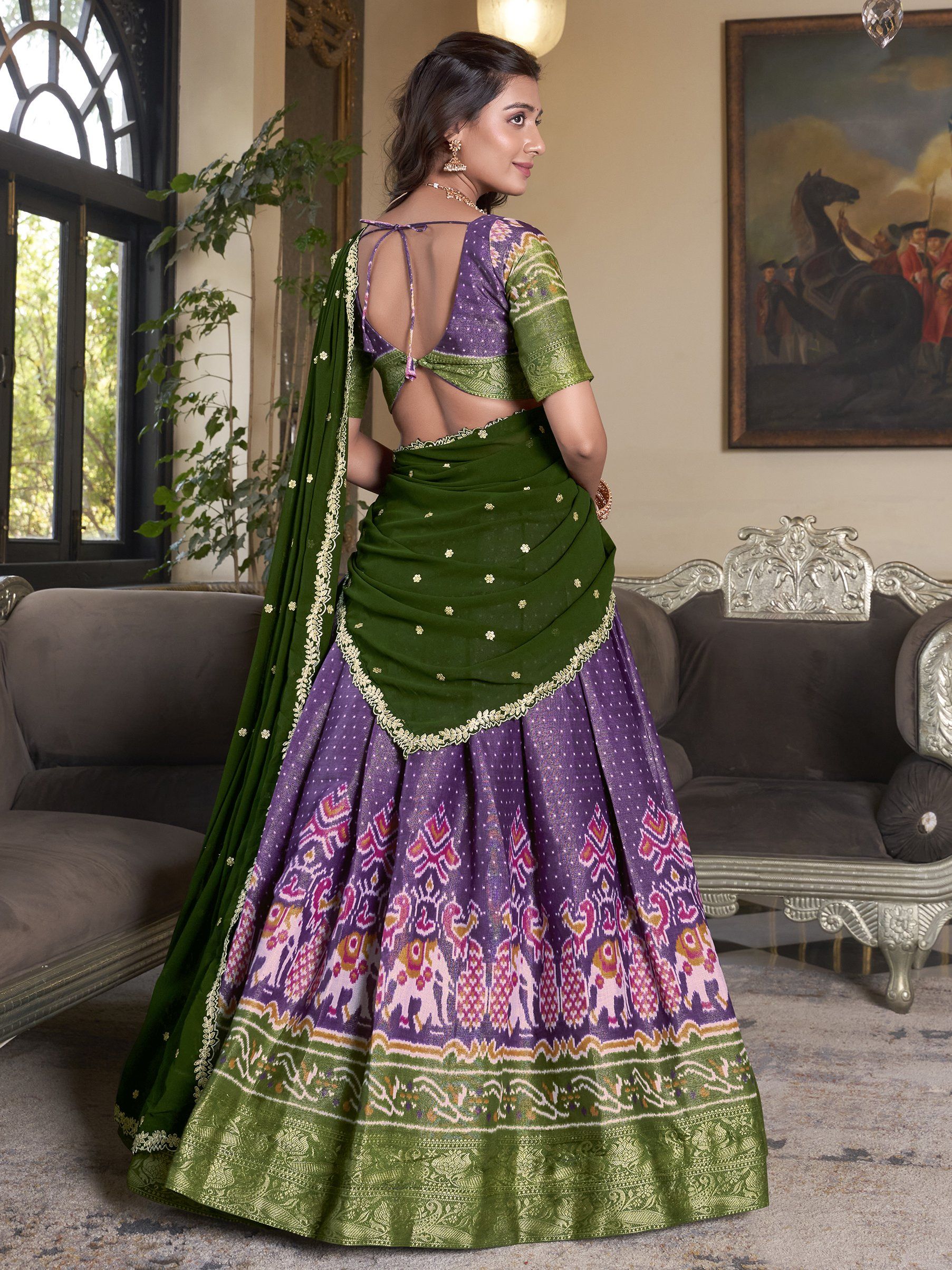 Elegant Purple Silk Ikat Print Wedding Wear Lehenga Choli With Dupatta