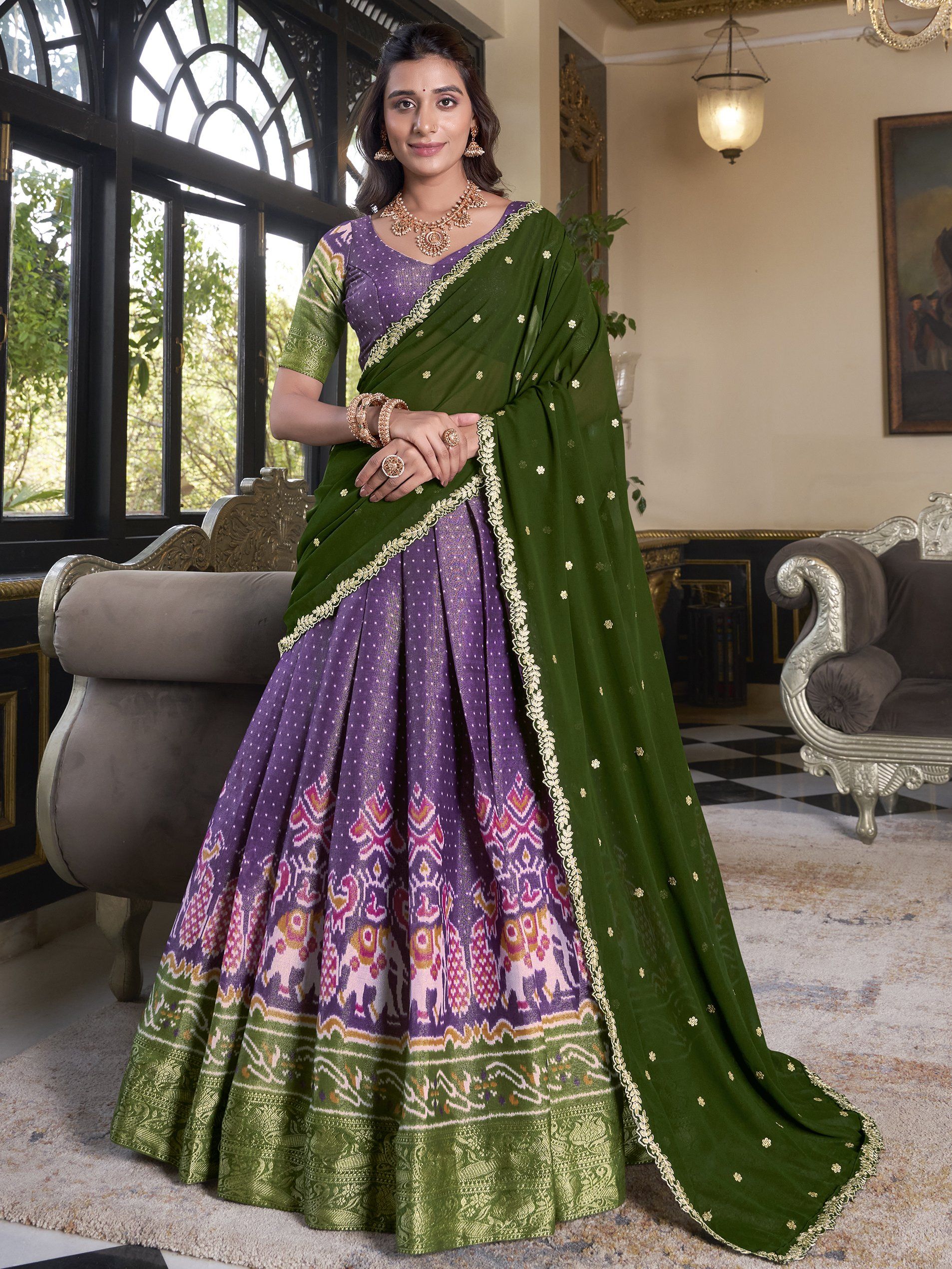 Elegant Purple Silk Ikat Print Wedding Wear Lehenga Choli With Dupatta