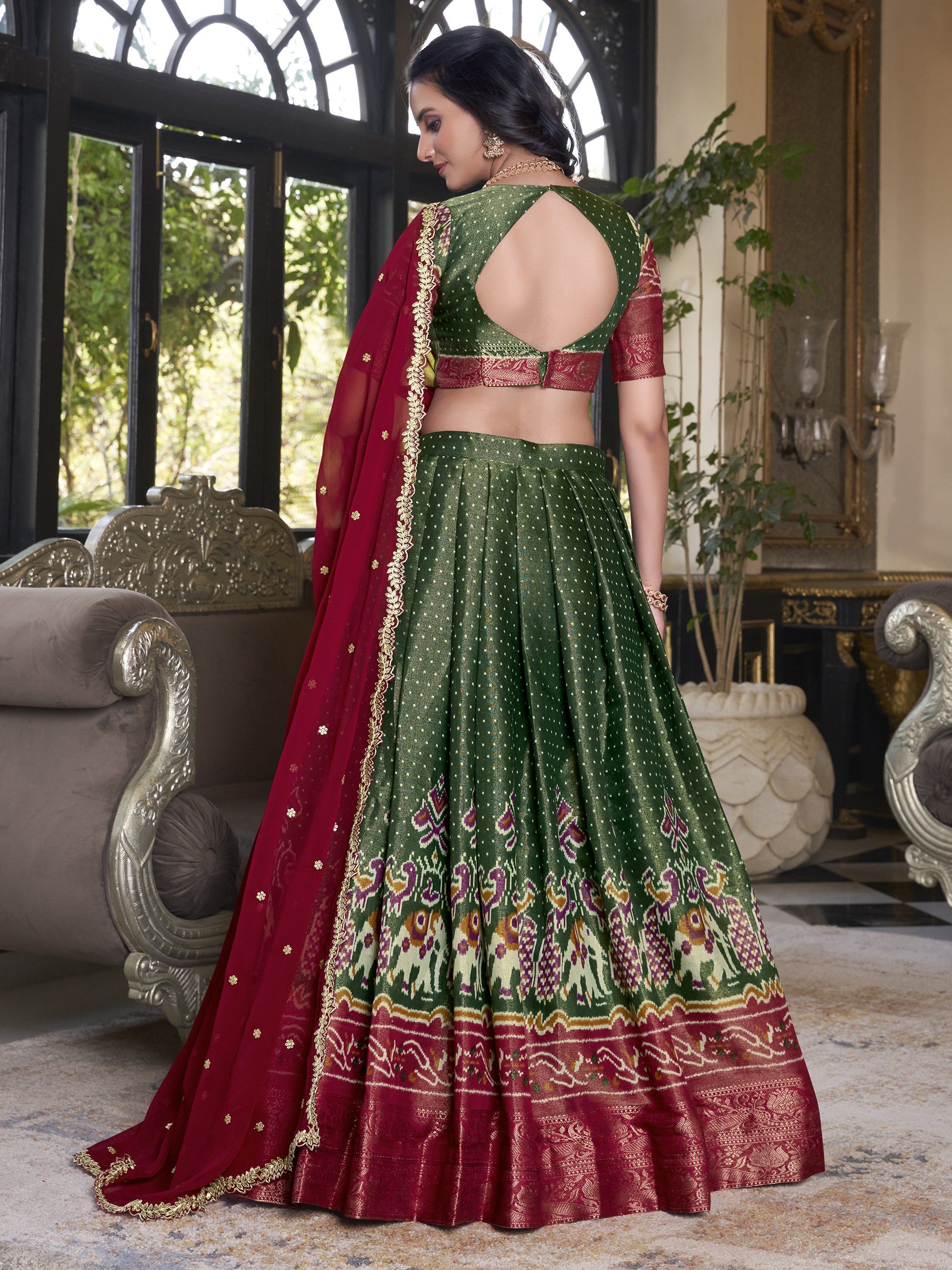 Fantastic Bottle Green Silk Ikat Print Event Wear Lehenga With Blouse
