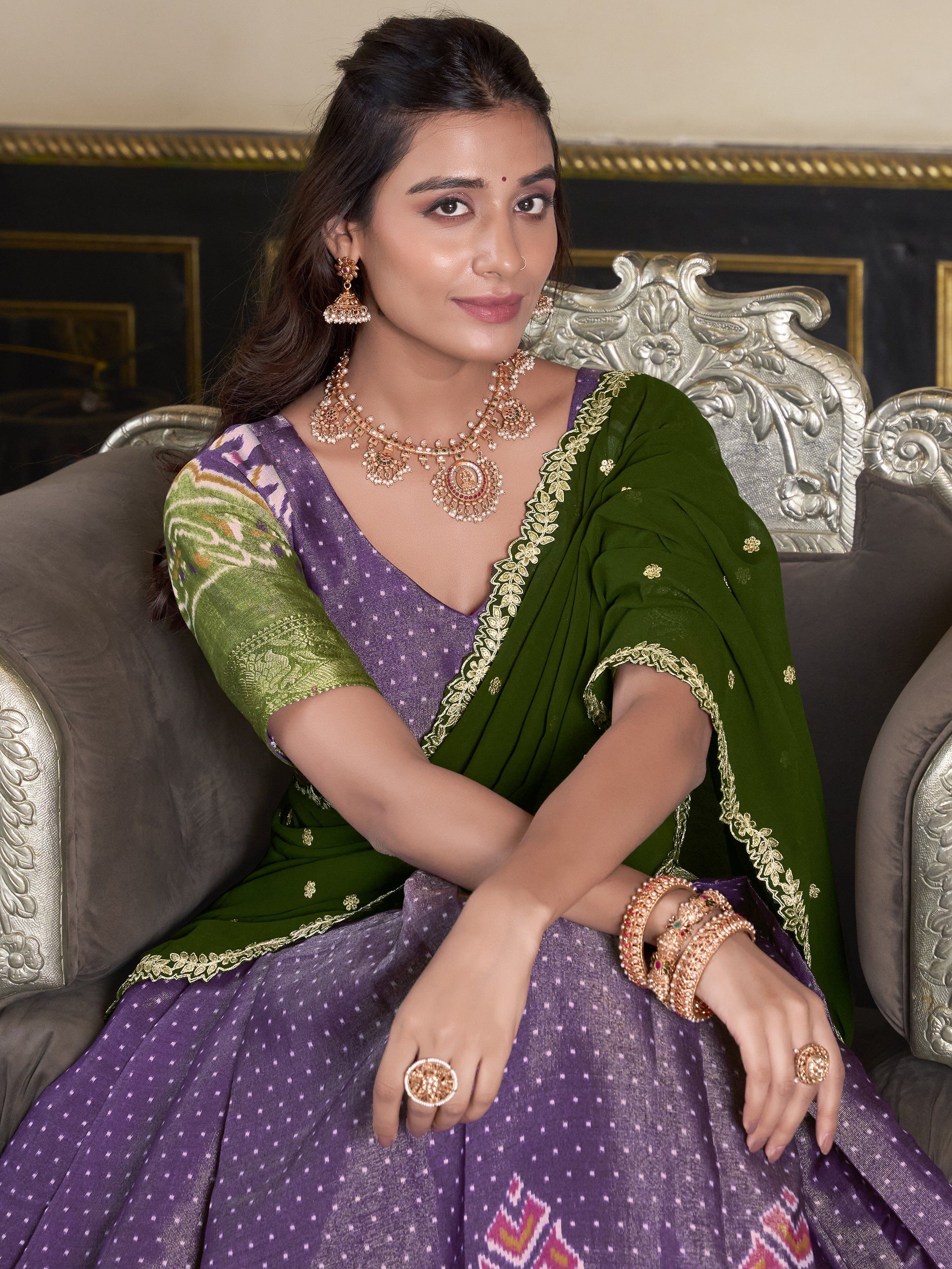 Elegant Purple Silk Ikat Print Wedding Wear Lehenga Choli With Dupatta
