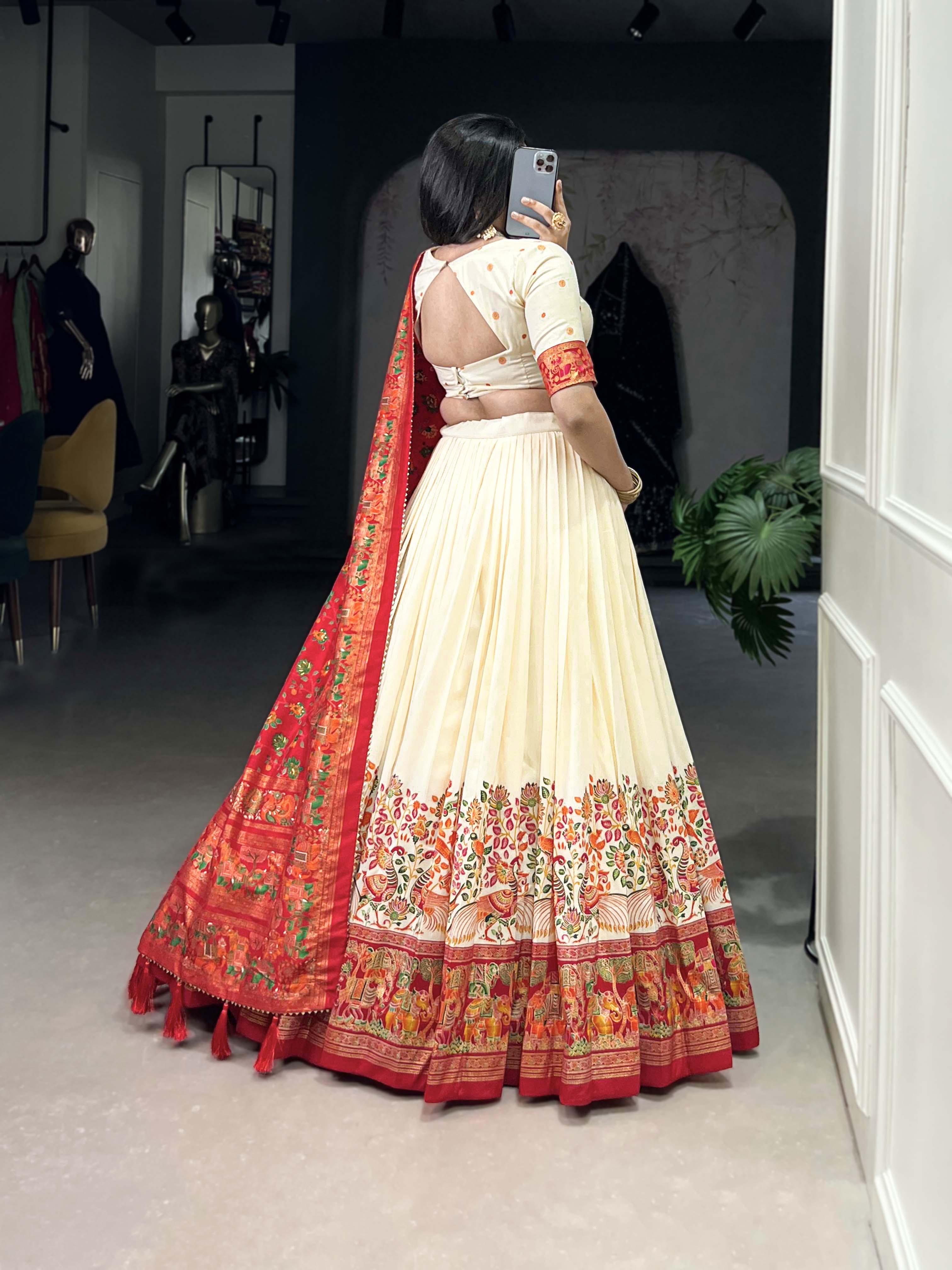 Beautiful Off White Traditional Tussar Silk Printed With Foil Work Lehenga Choli