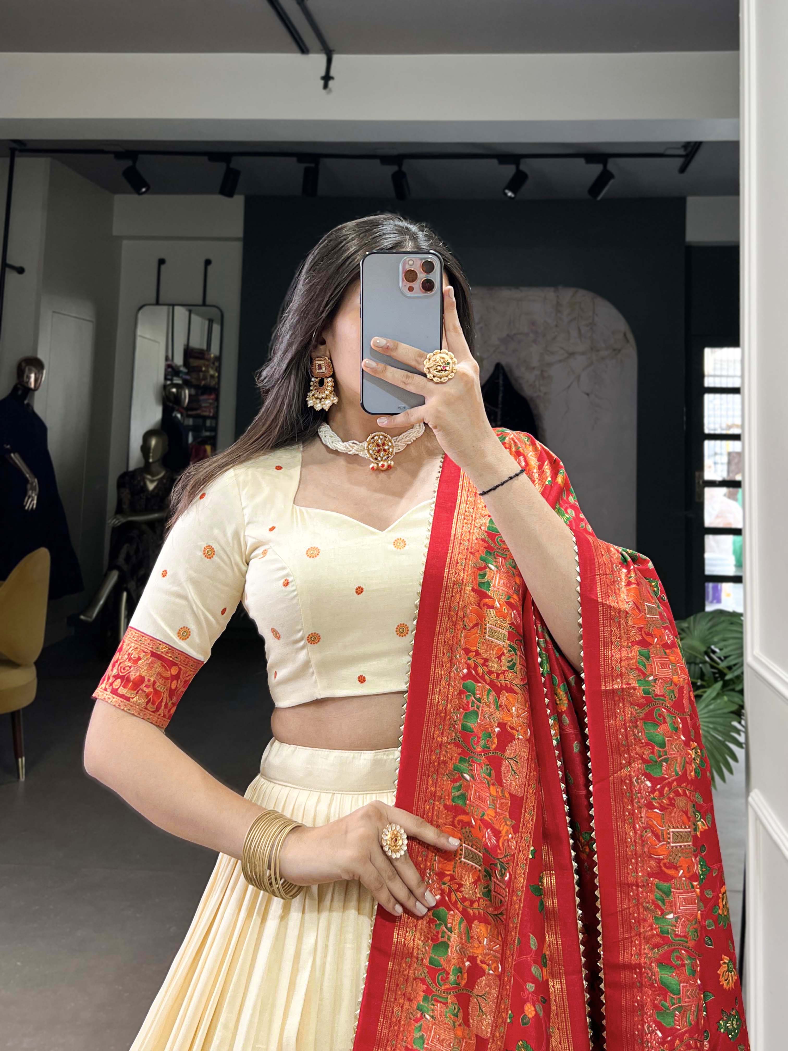 Beautiful Off White Traditional Tussar Silk Printed With Foil Work Lehenga Choli
