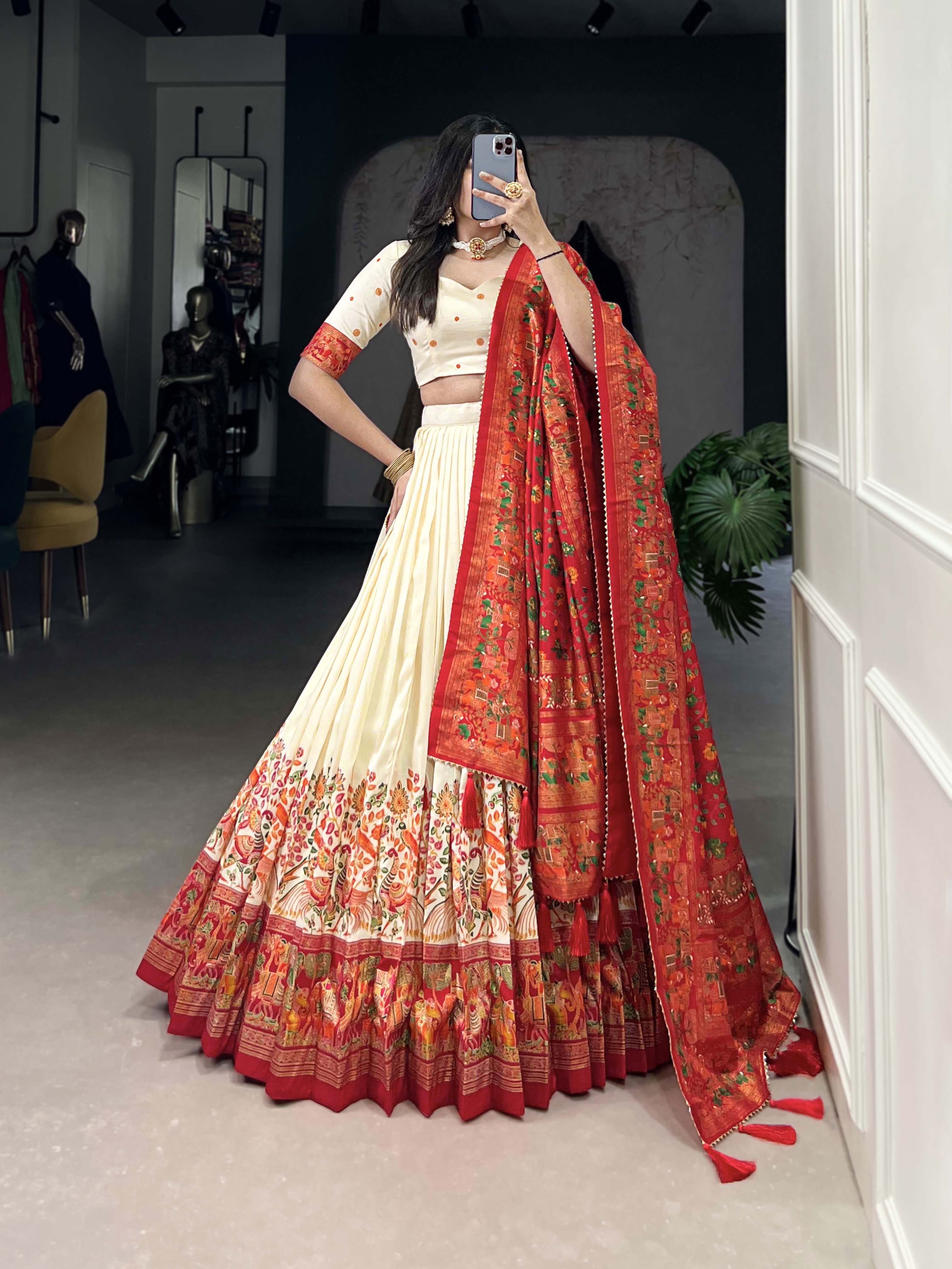 Beautiful Off White Traditional Tussar Silk Printed With Foil Work Lehenga Choli