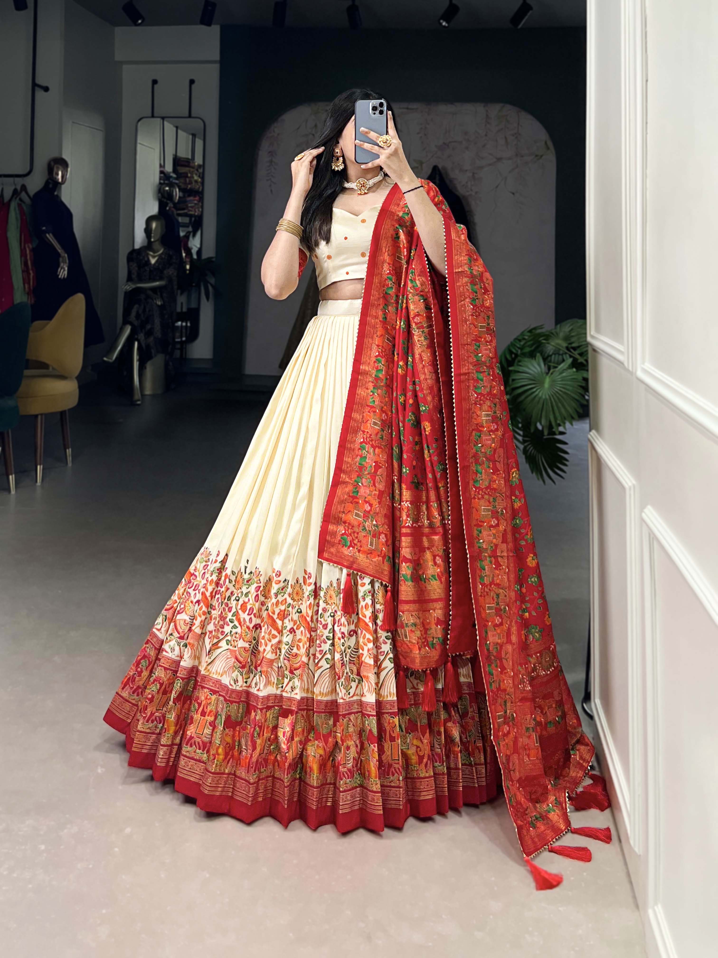 Beautiful Off White Traditional Tussar Silk Printed With Foil Work Lehenga Choli