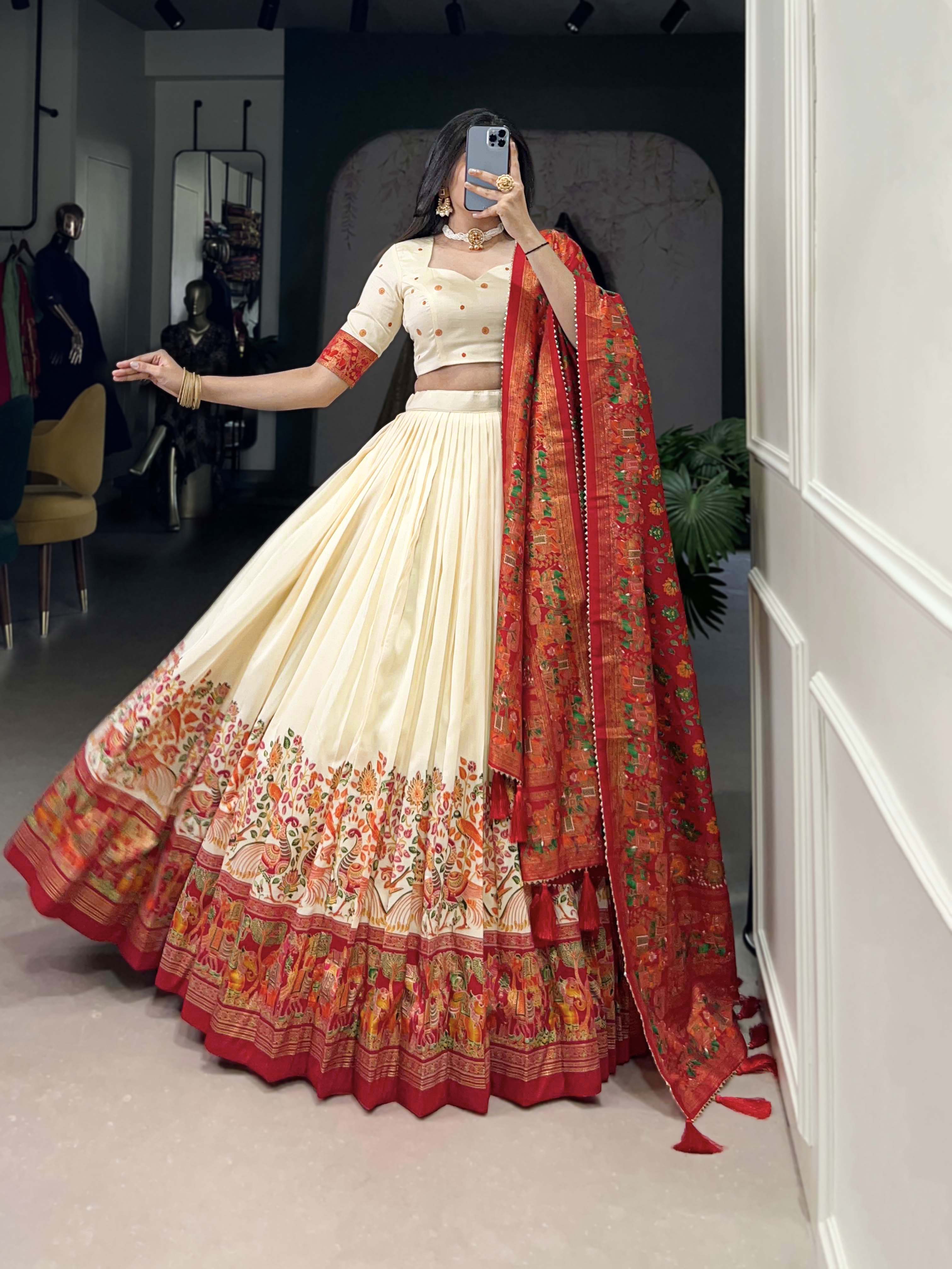 Beautiful Off White Traditional Tussar Silk Printed With Foil Work Lehenga Choli