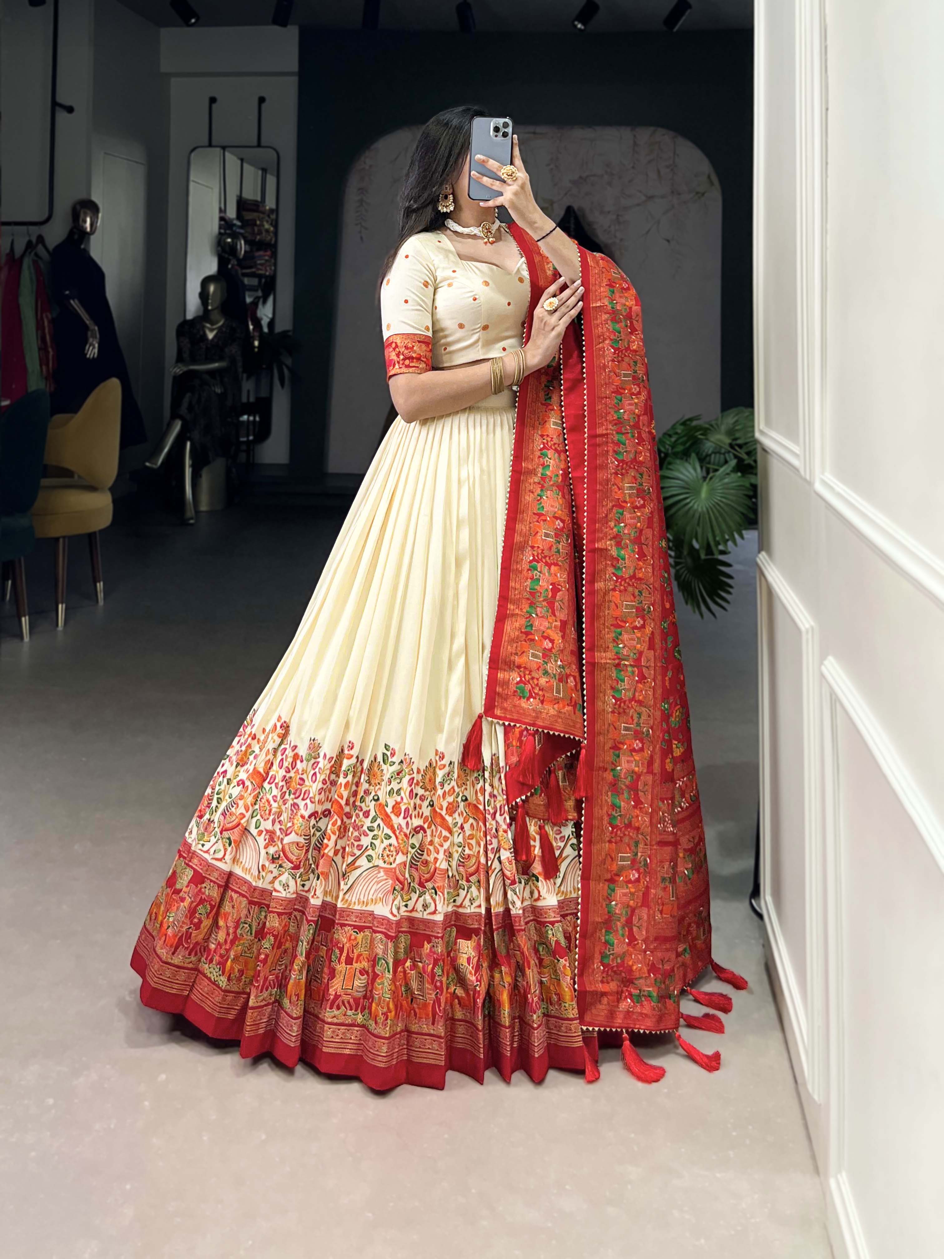 Beautiful Off White Traditional Tussar Silk Printed With Foil Work Lehenga Choli