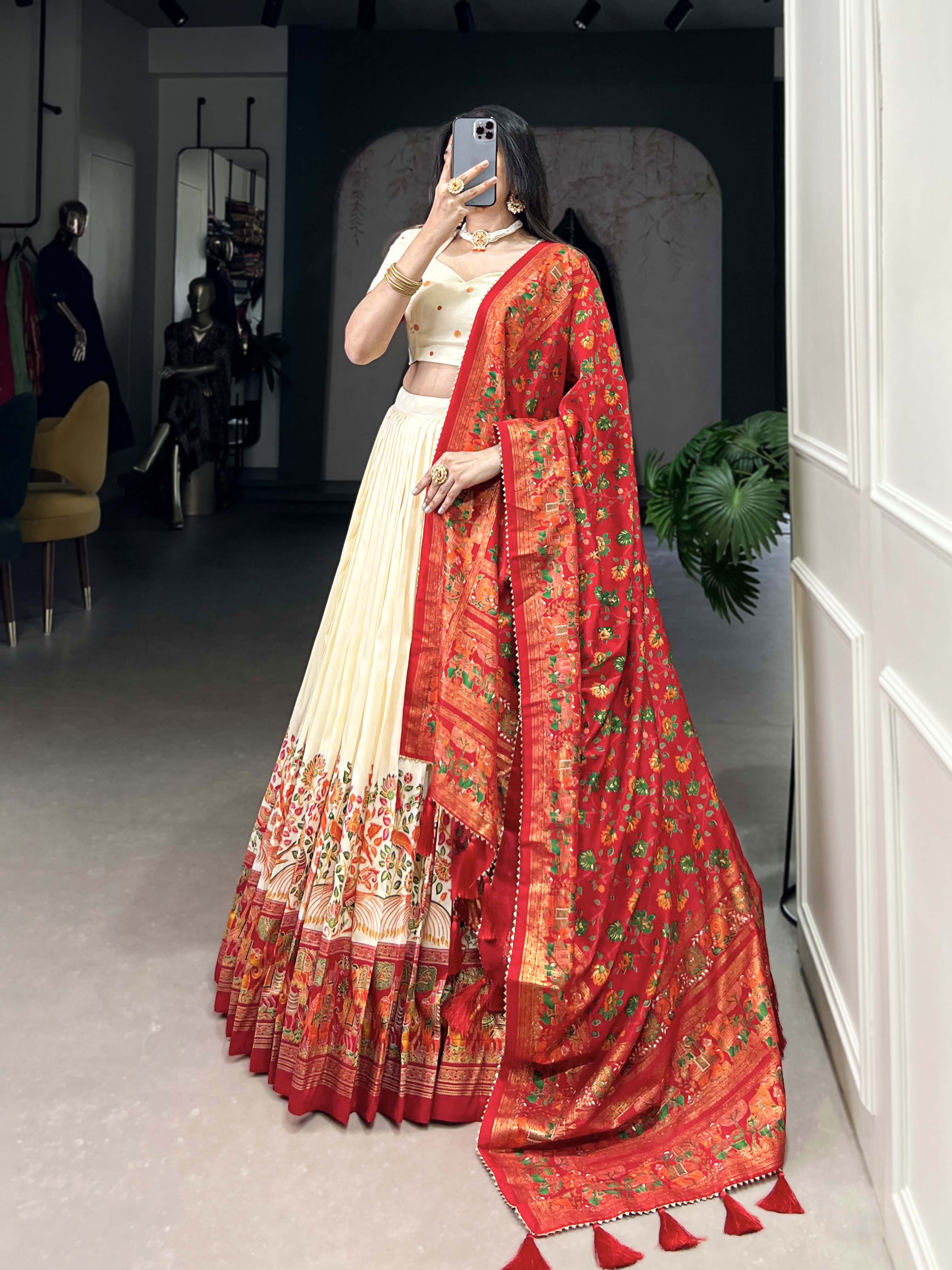 Beautiful Off White Traditional Tussar Silk Printed With Foil Work Lehenga Choli
