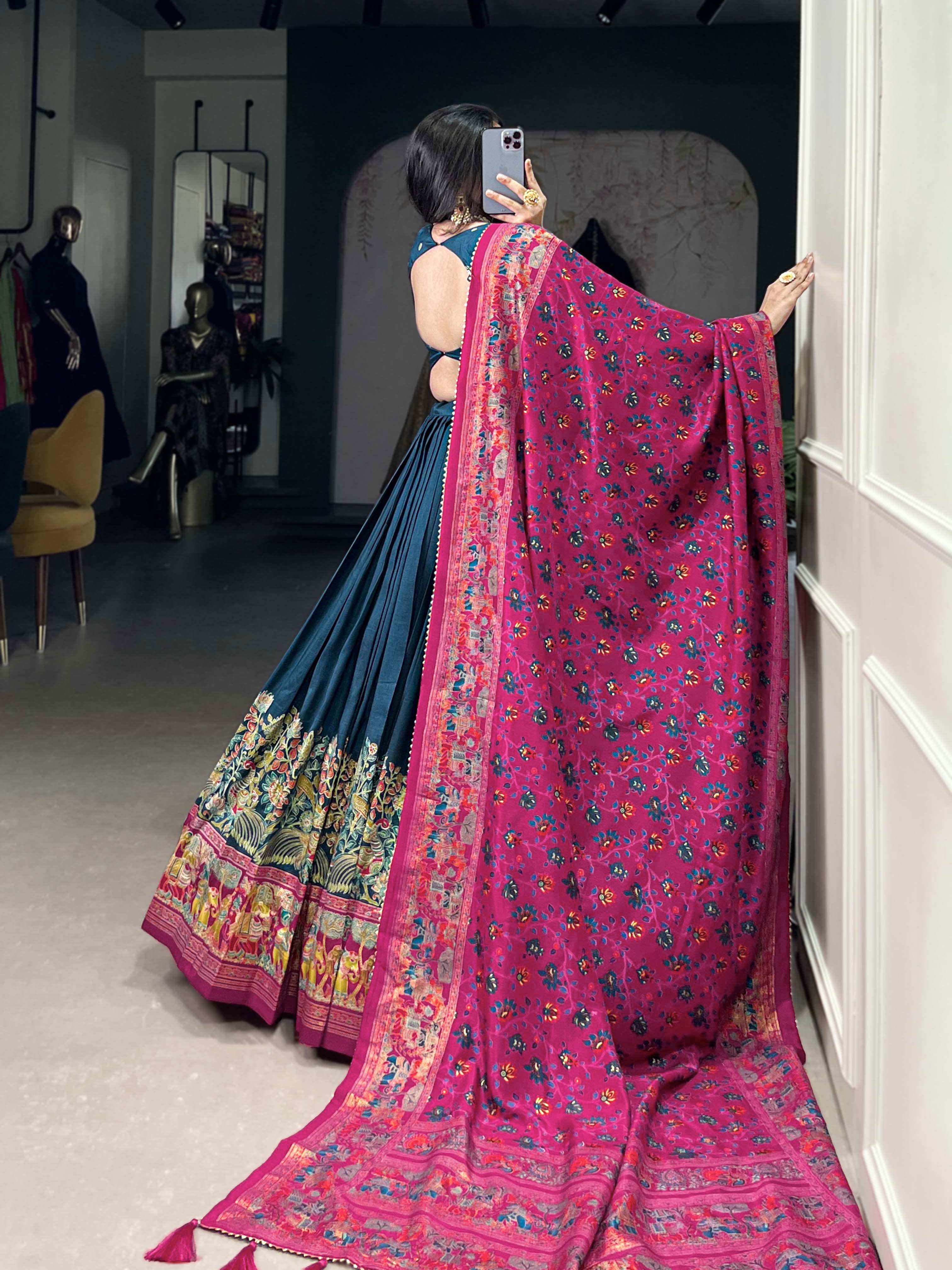 Beautiful Persian Blue Traditional Tussar Silk Printed With Foil Work Lehenga Choli