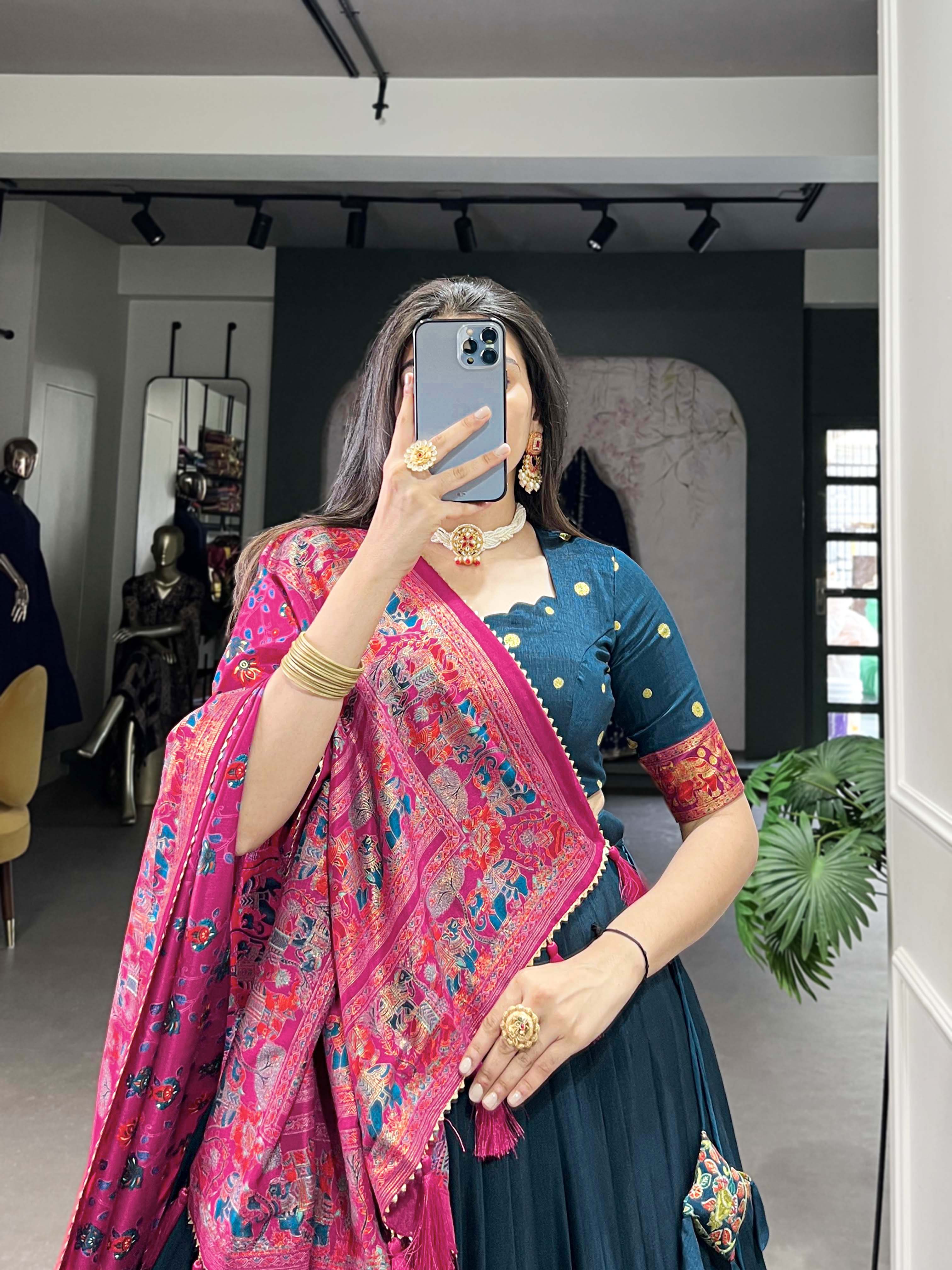 Beautiful Persian Blue Traditional Tussar Silk Printed With Foil Work Lehenga Choli