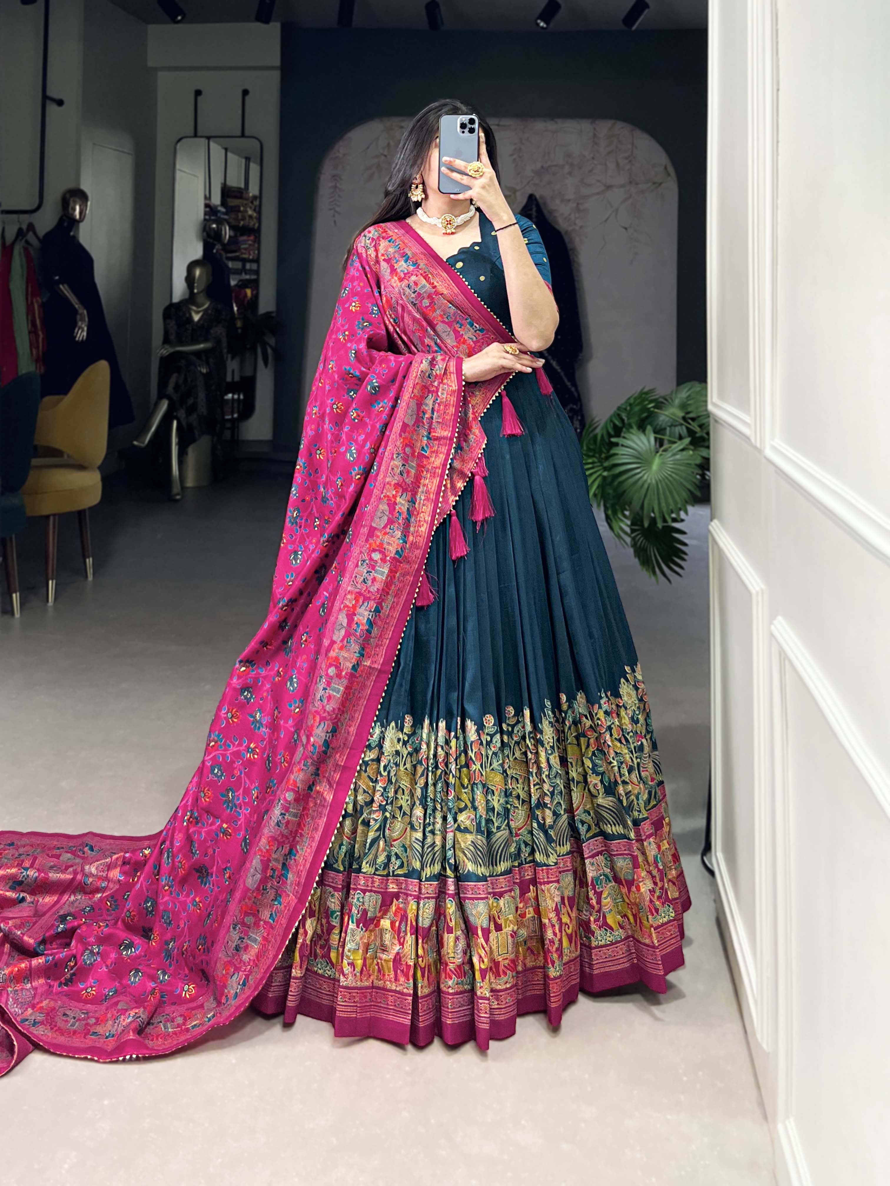 Beautiful Persian Blue Traditional Tussar Silk Printed With Foil Work Lehenga Choli