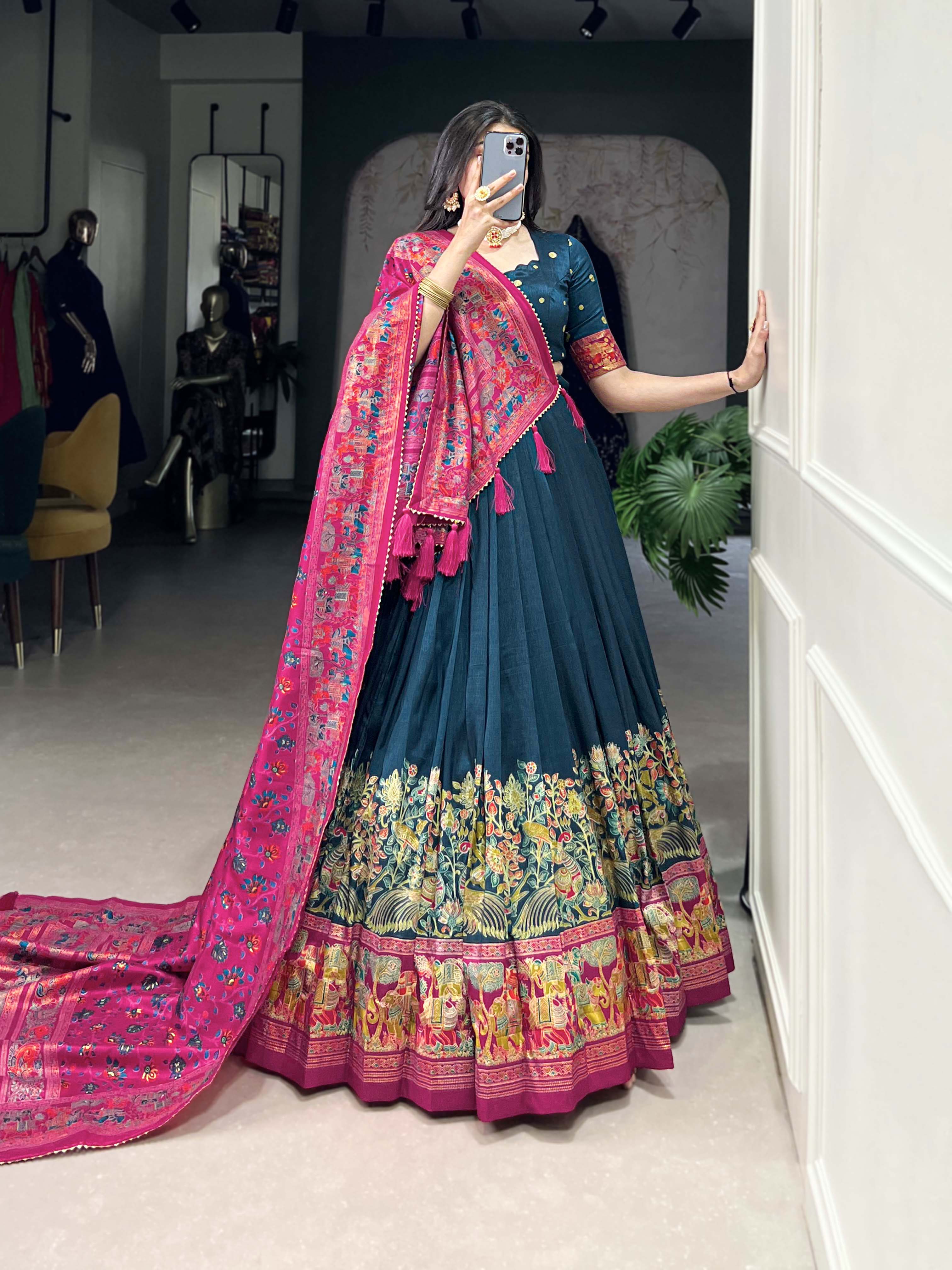 Beautiful Persian Blue Traditional Tussar Silk Printed With Foil Work Lehenga Choli
